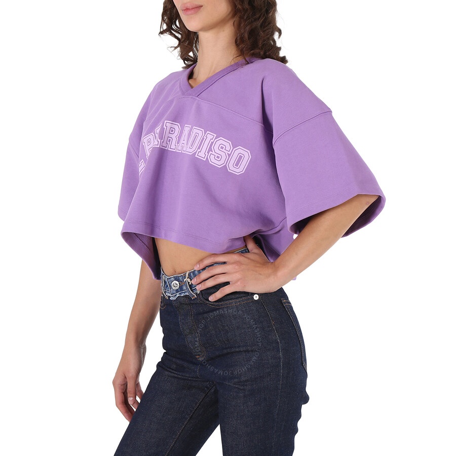System Ladies Violet Lettering Short-Sleeve V-Neck Cropped Top - 5