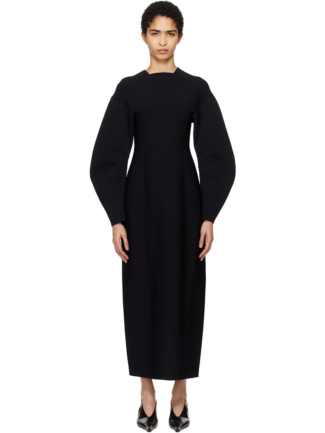 Black Squareneck Longsleeve Knitted Midi Dress - 1