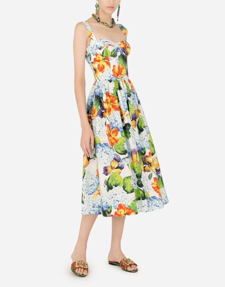 Hydrangea-print calf-length poplin dress - 6