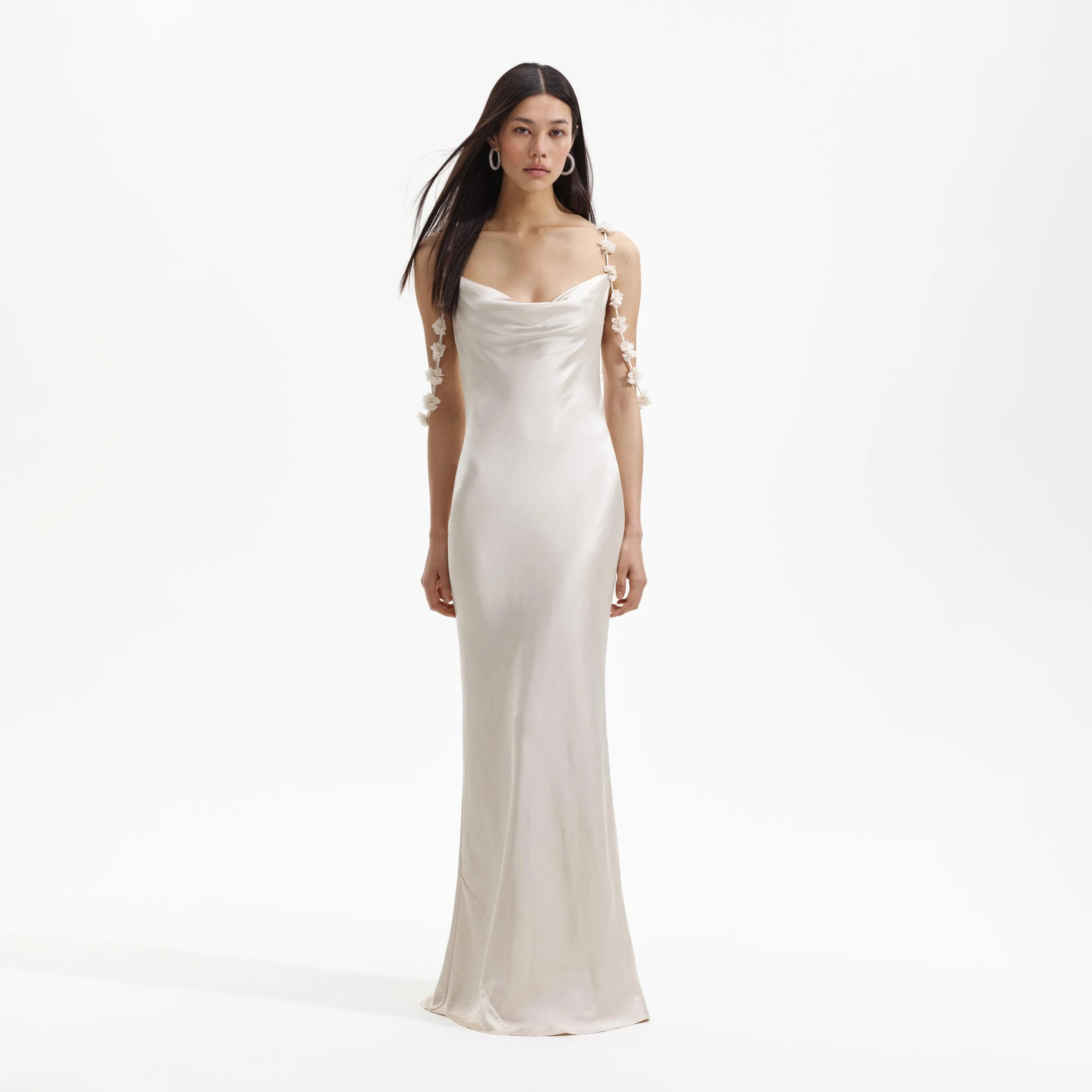 Champagne Satin Flower Maxi Dress - 1