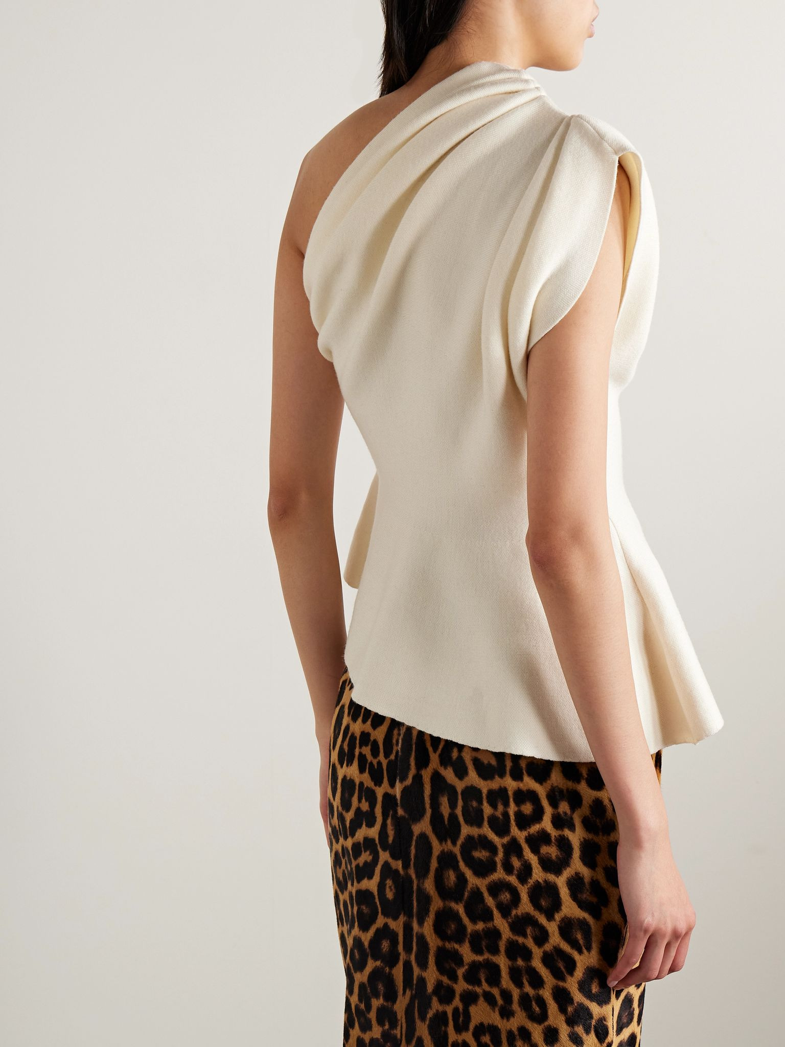 Aimee asymmetric one-shoulder wool-blend peplum top Cream - 3