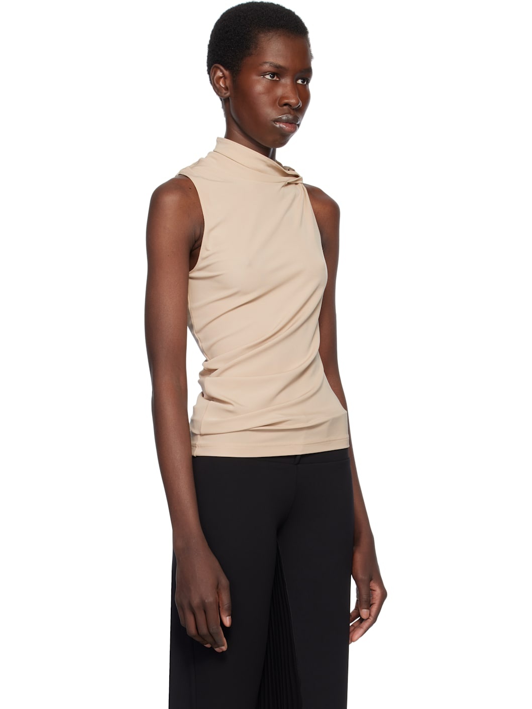 Beige Draped Jersey Tank Top - 2