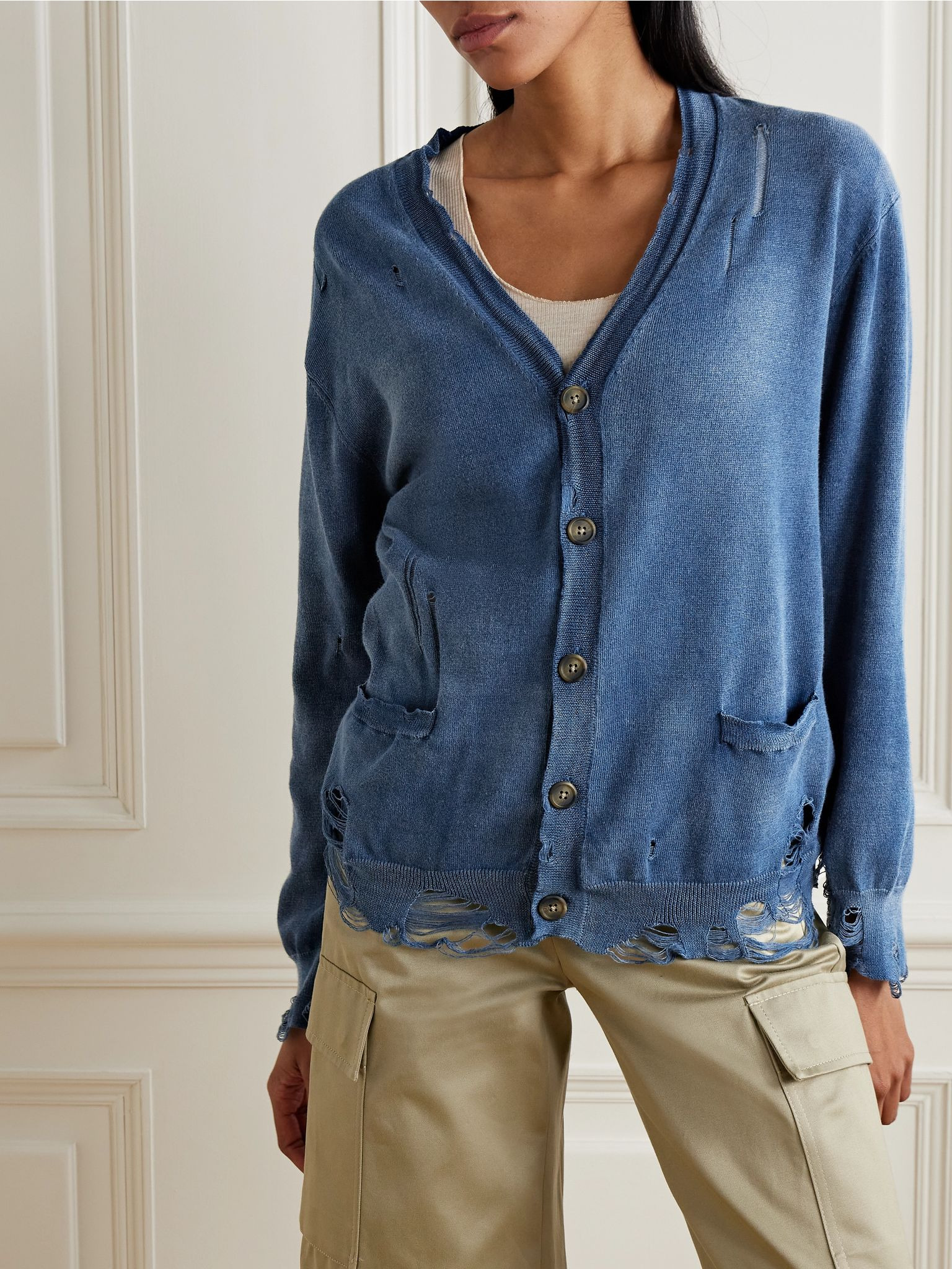 Distressed cotton cardigan Blue - 3