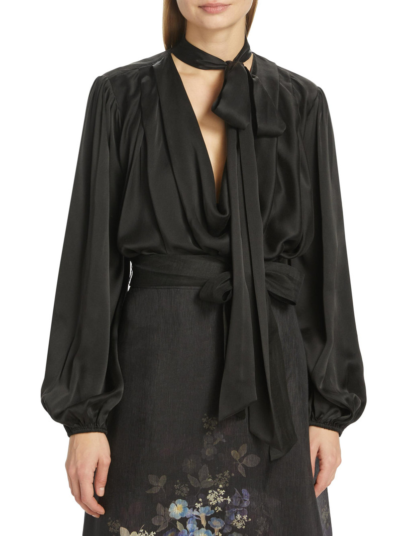 Women's Silk Billow-Sleeve Blouse - Black 3