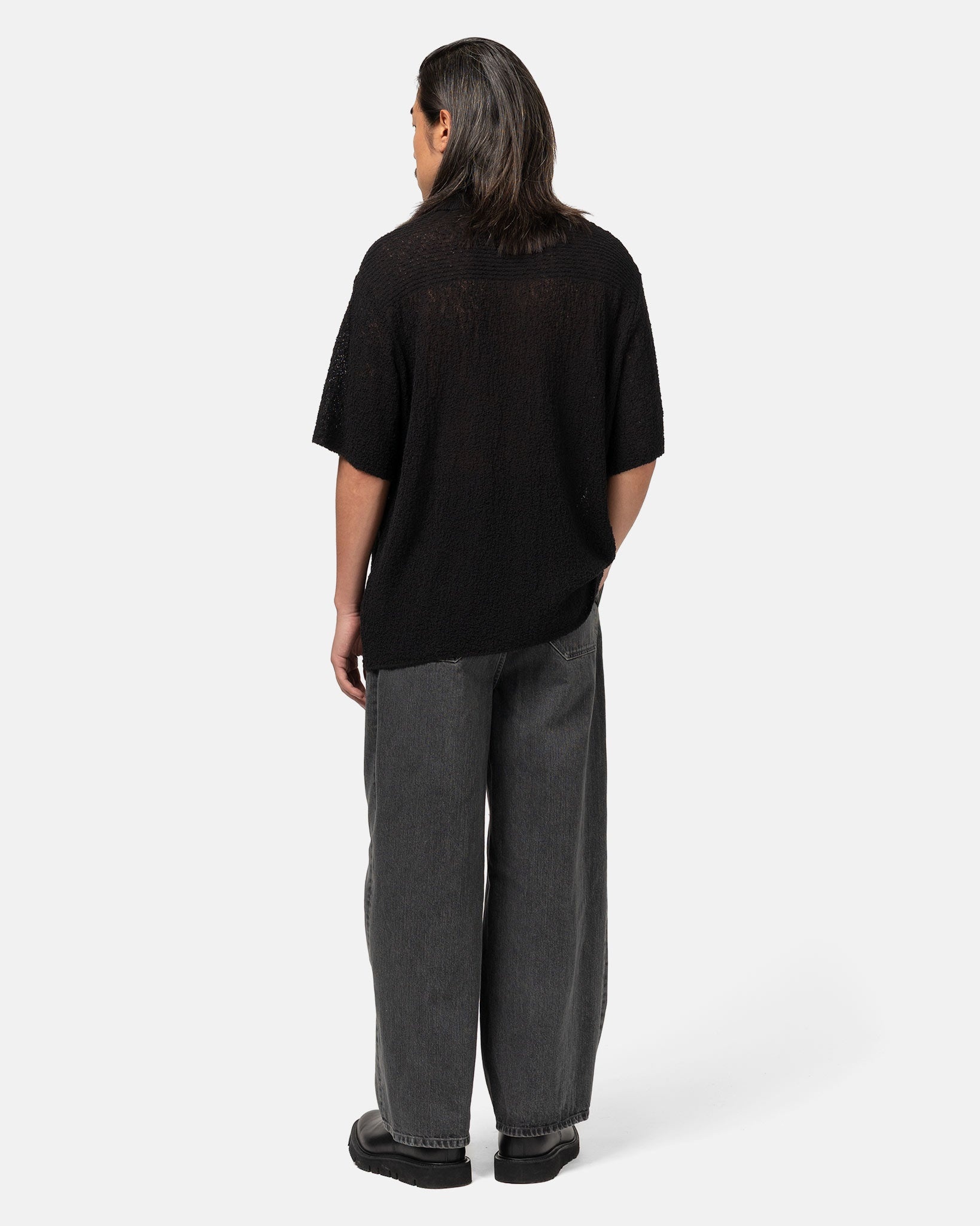 Cotton Sheer Knit Open Collar Shirt Black - 3