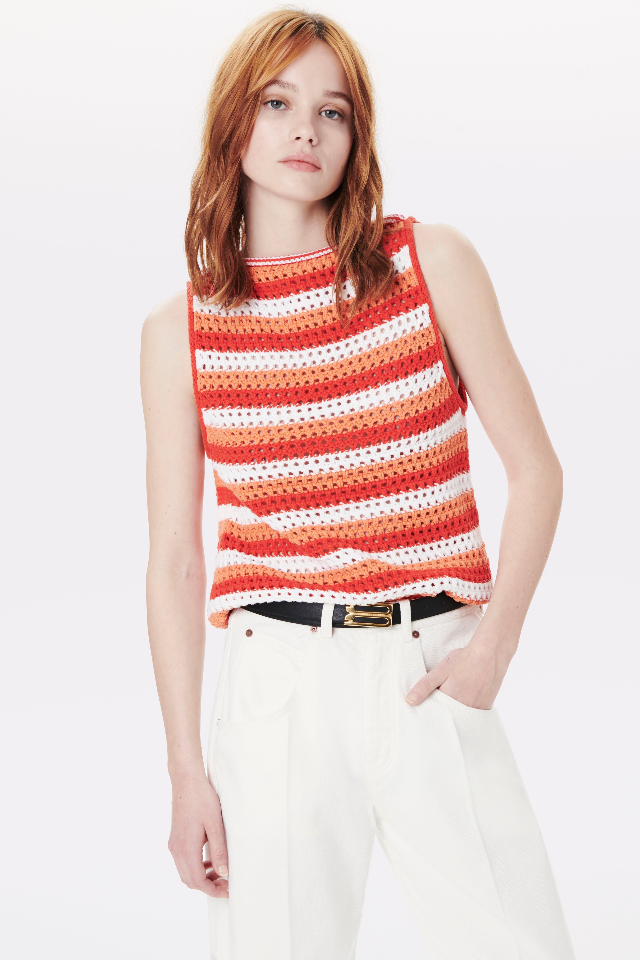 Knitted Tank Top in Red, Orange Stripe - 3