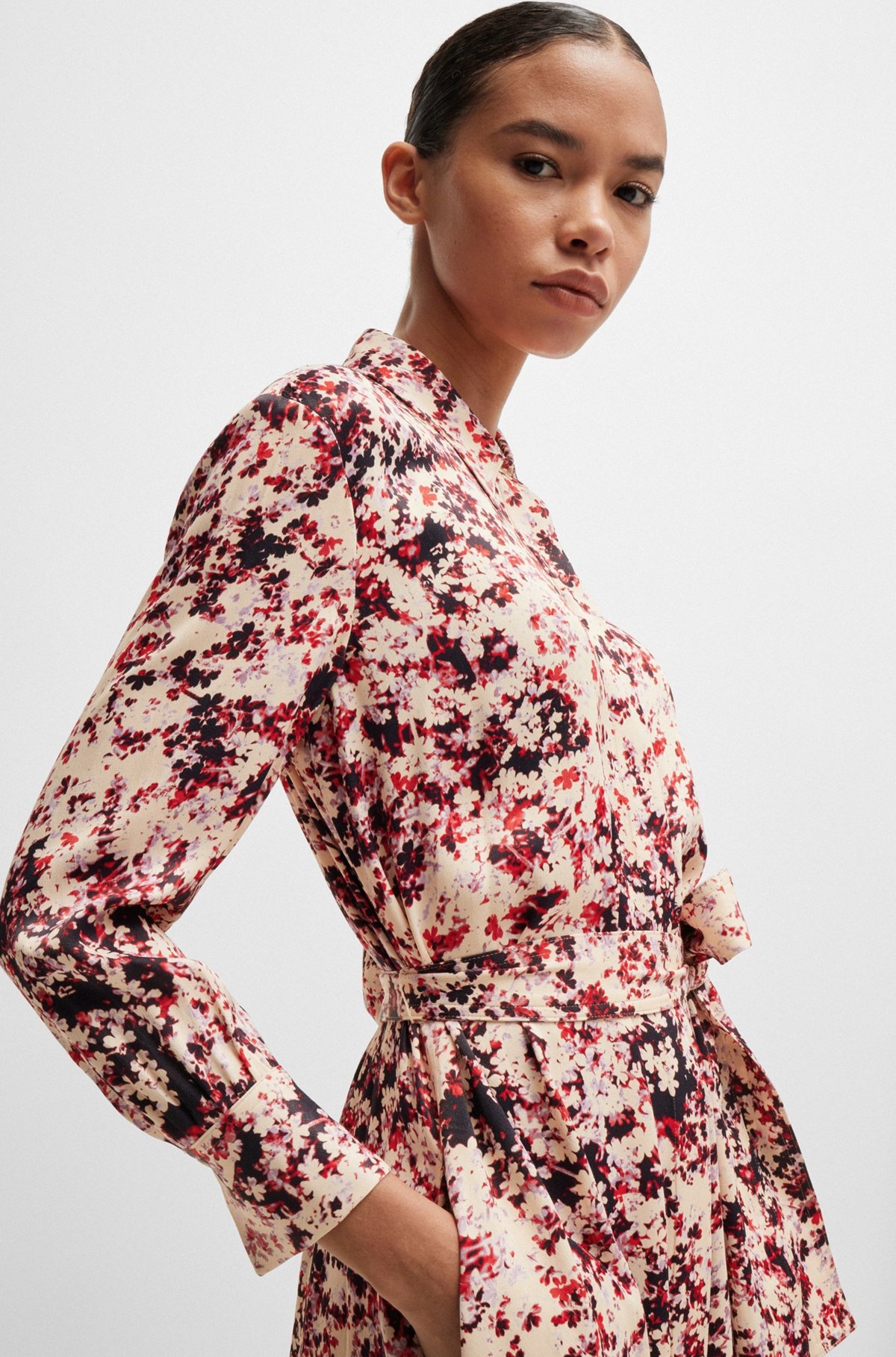 LONG-SLEEVED SHIRT DRESS IN FLORAL-PRINT SATIN - 6