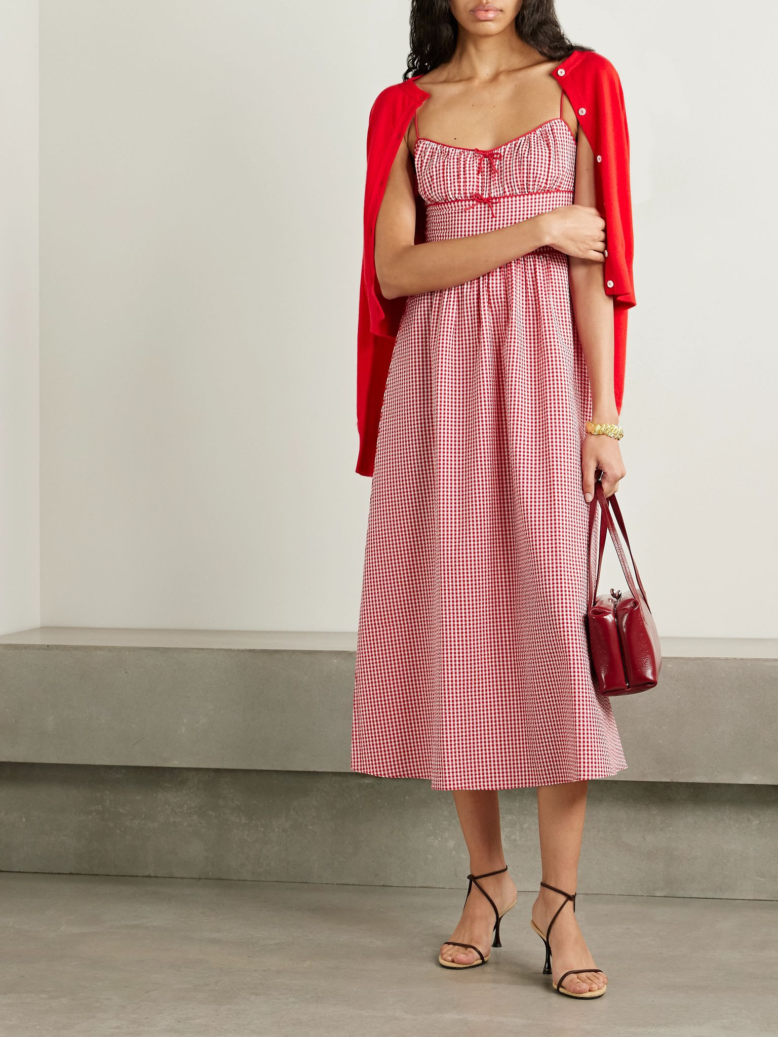 Belline bow-detailed gingham recycled-seersucker midi dress Red - 2