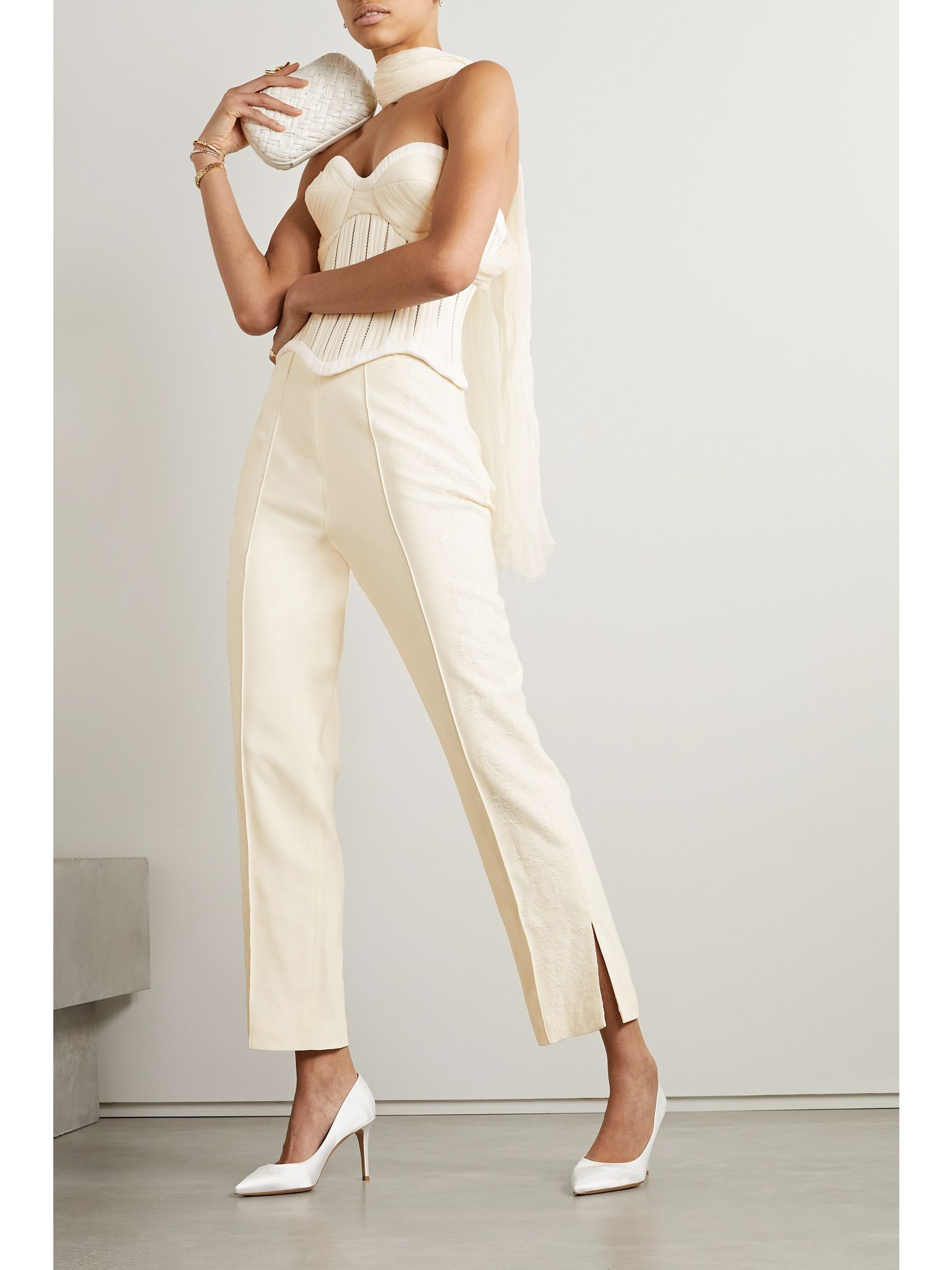 Anika strapless cotton-blend twill, tulle and plissé-satin bustier top White - 2