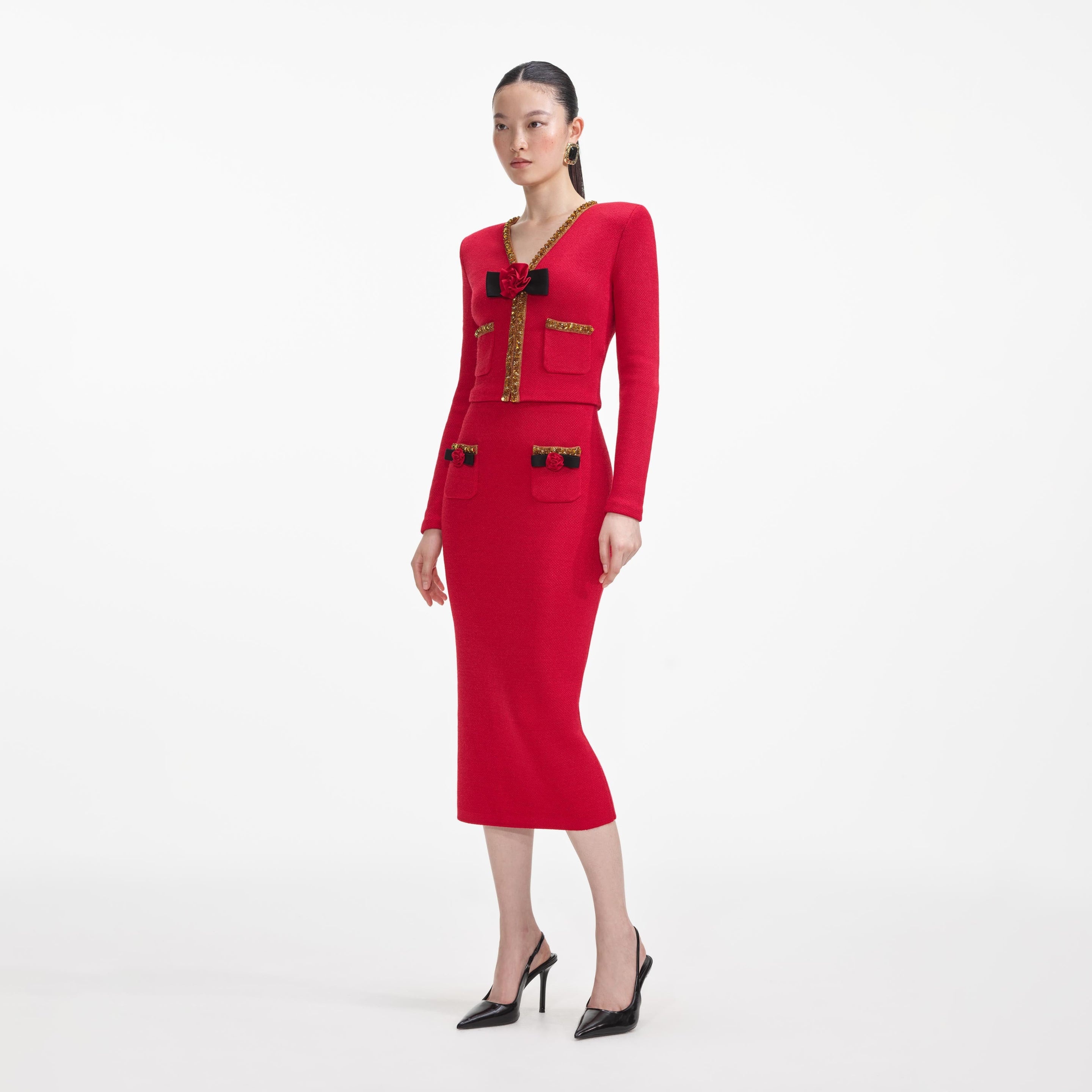 Red Textured Knit Corsage Midi Skirt - 2