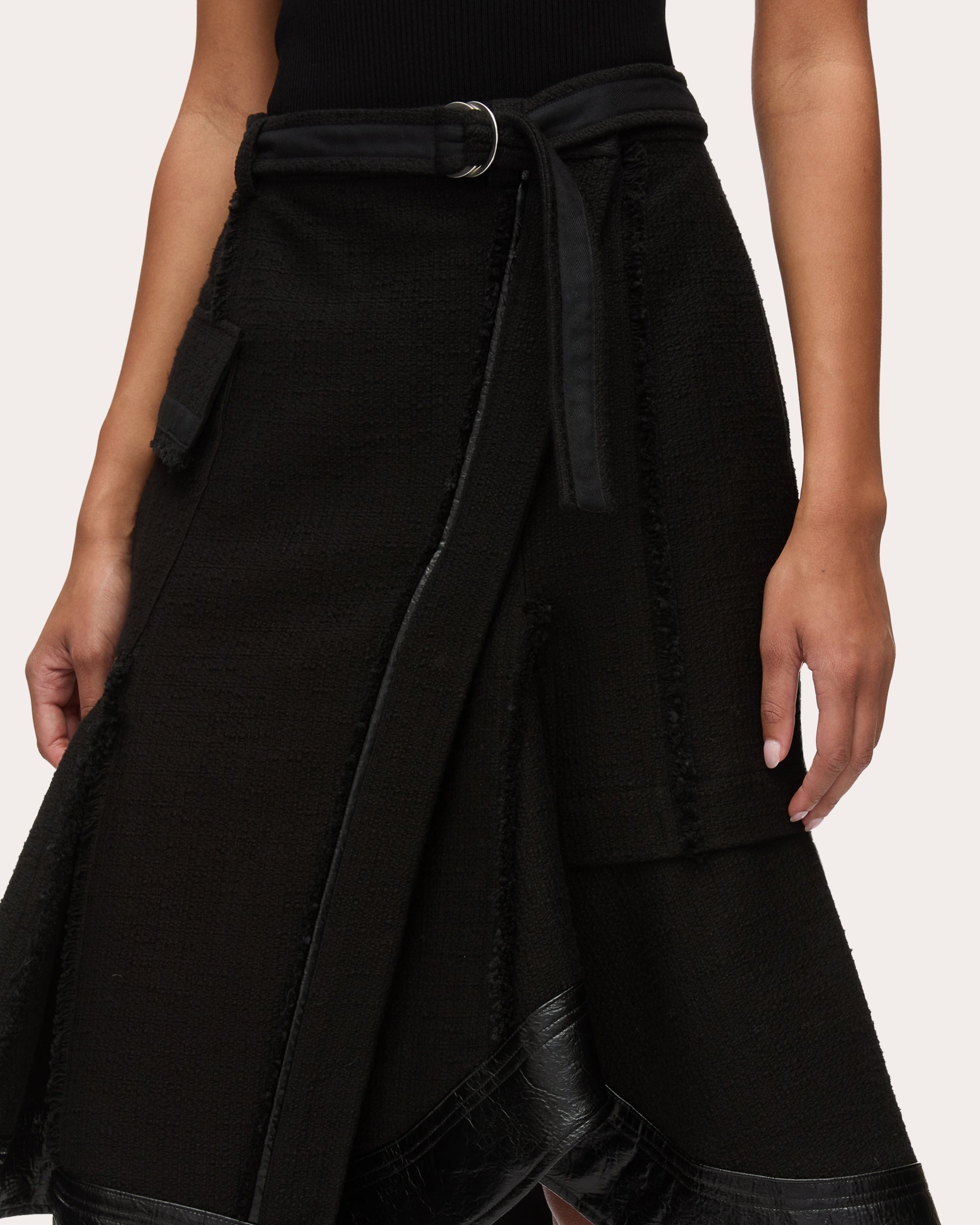 Belted Faux Leather-Trim Tweed Skirt - 4