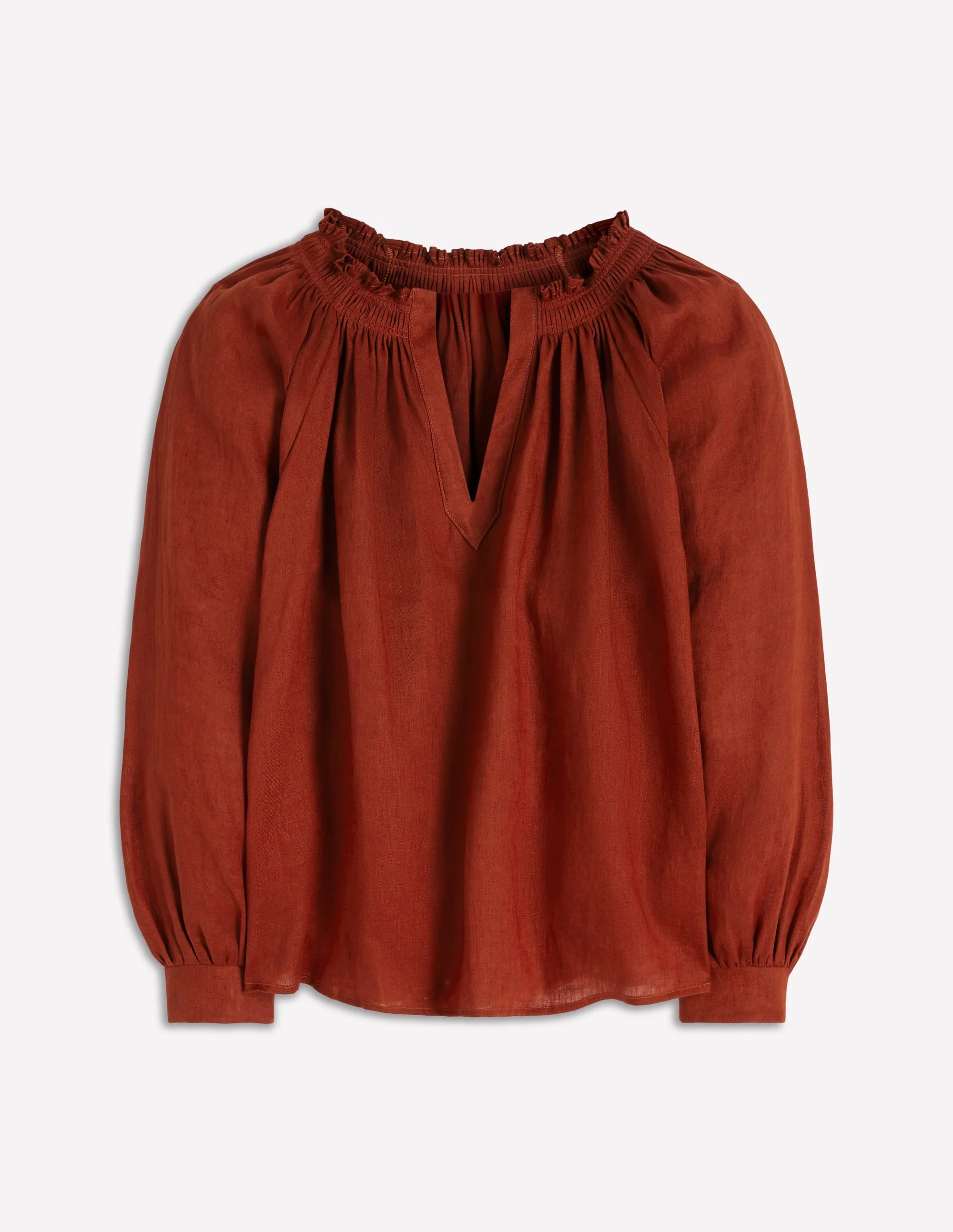 Serena Pleat Neck Linen Top-Burnt Henna - 1