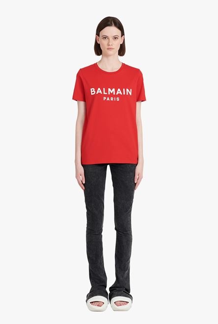 Red eco-designed cotton T-shirt with white Balmain logo print - 4