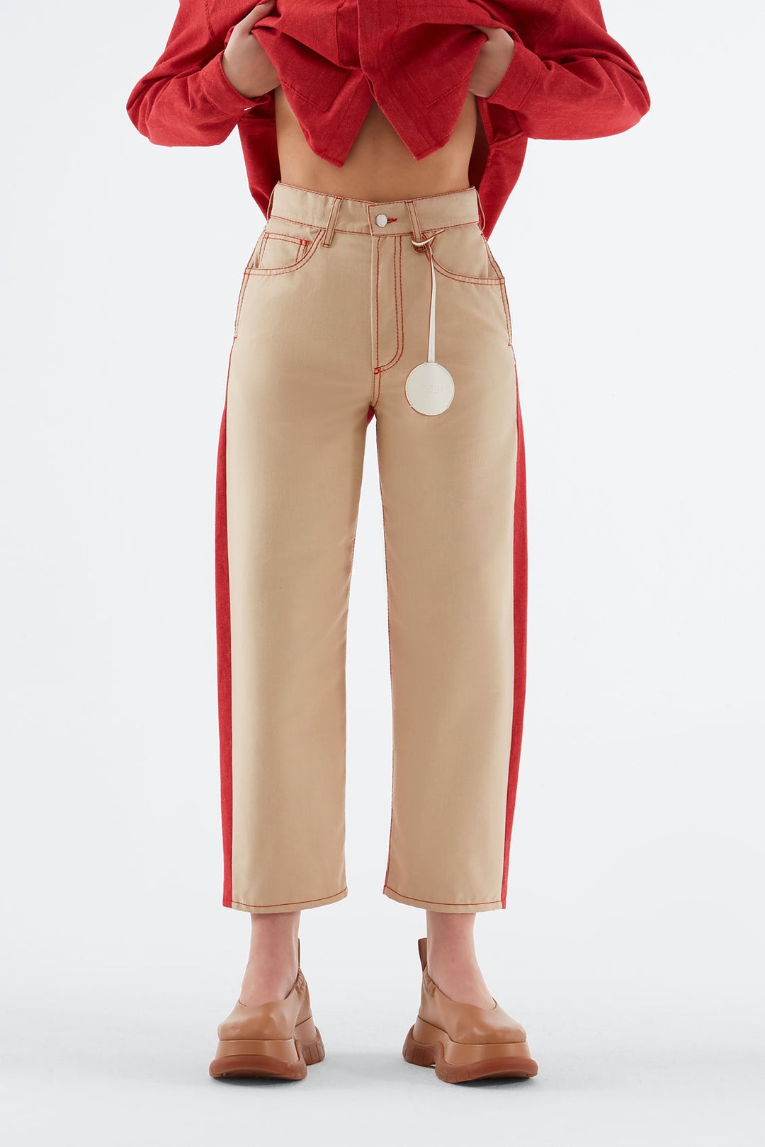 BEIGE & RED DENIM PANTS - 2