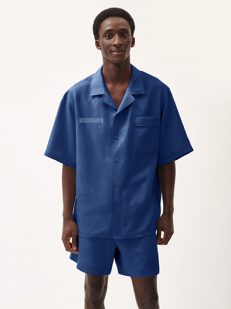 PANGAIA Mens DNA Linen Camp Collar Shirt - Lapis Blue outlook