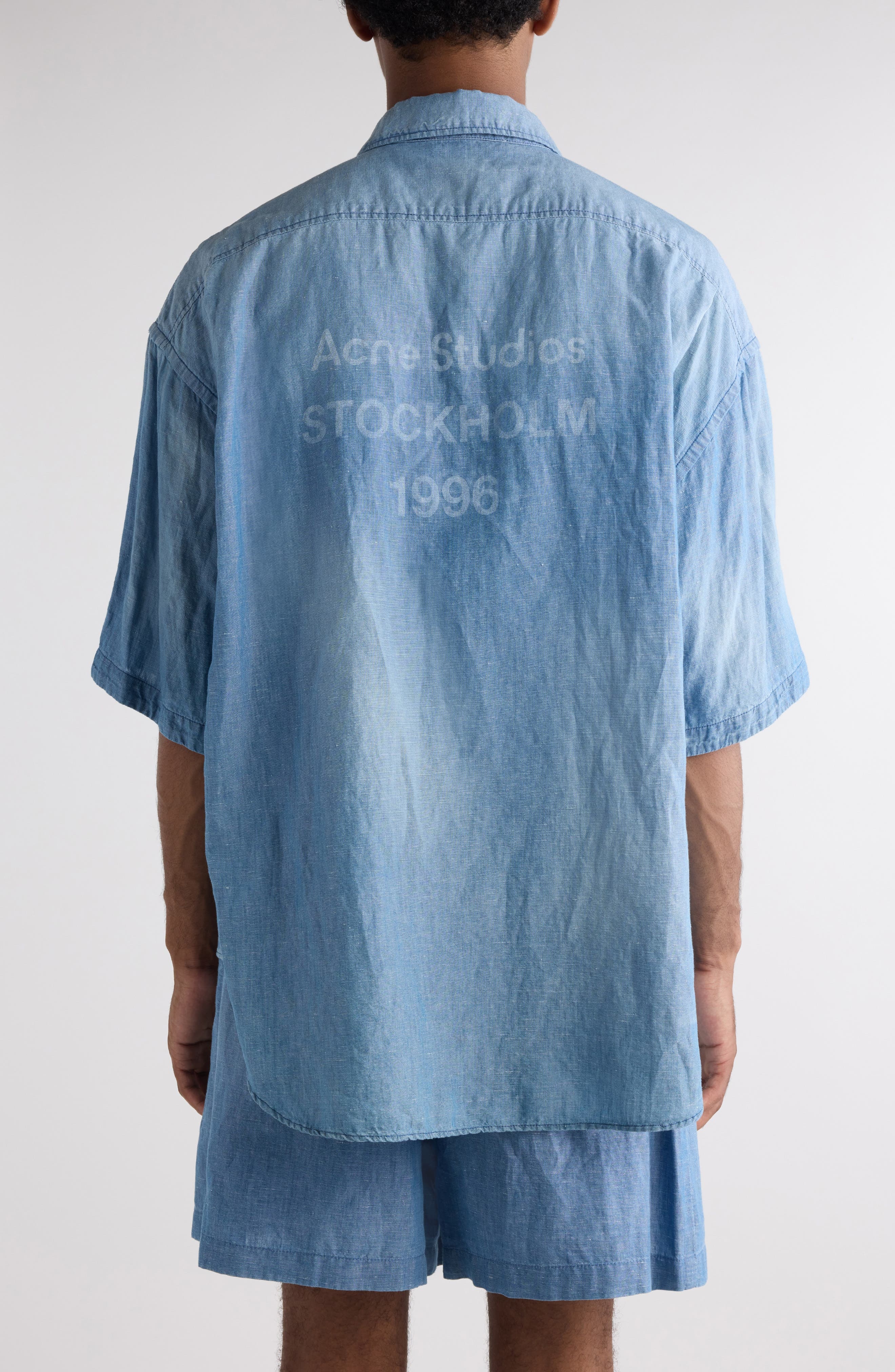 Acne Studios Oversize Short Sleeve Cotton & Linen Chambray Button-Up Shirt in Mid Blue at Nordstrom - 3
