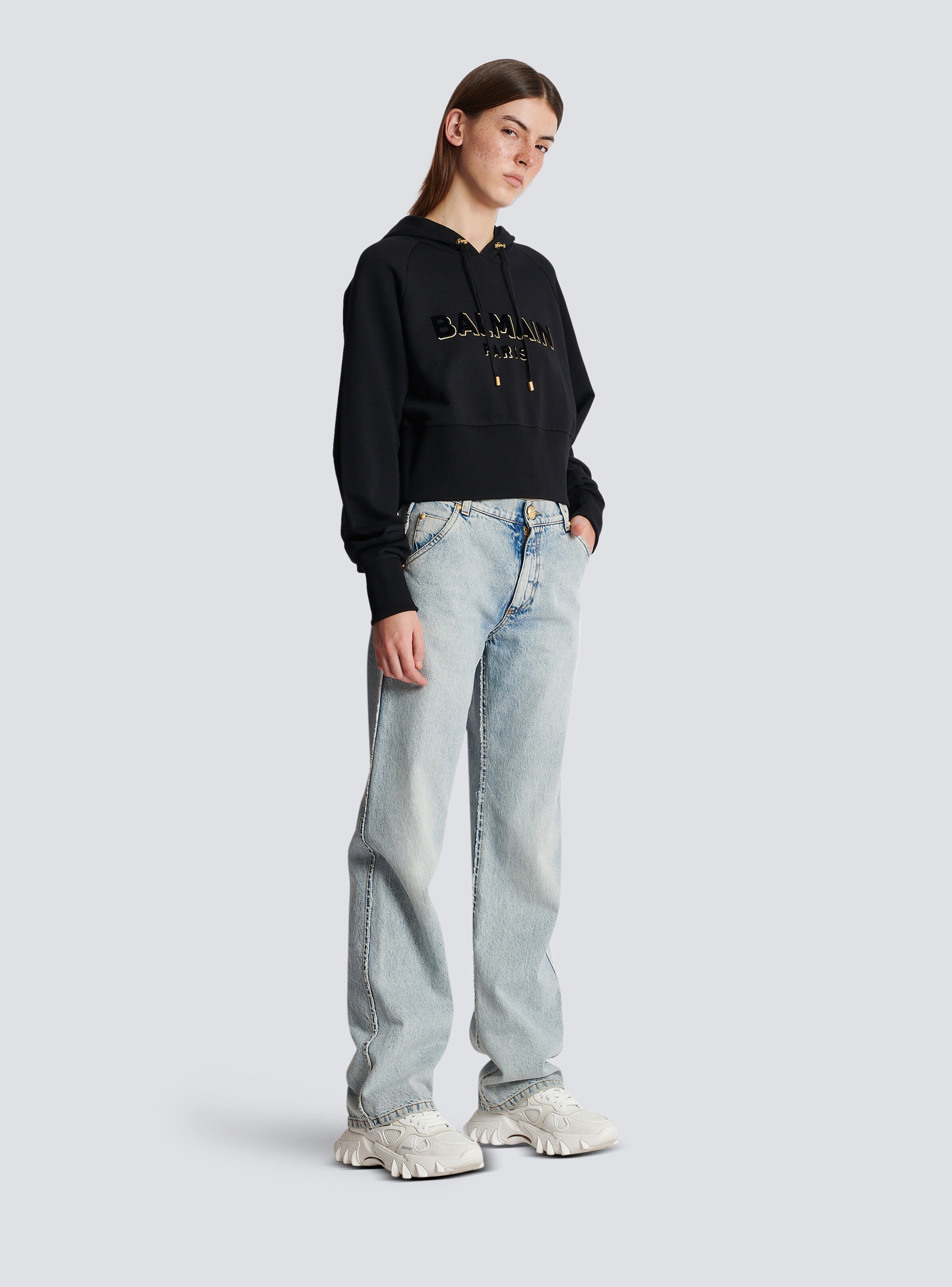 Cropped cotton sweatshirt with flocked metallic Balmain logo - 3