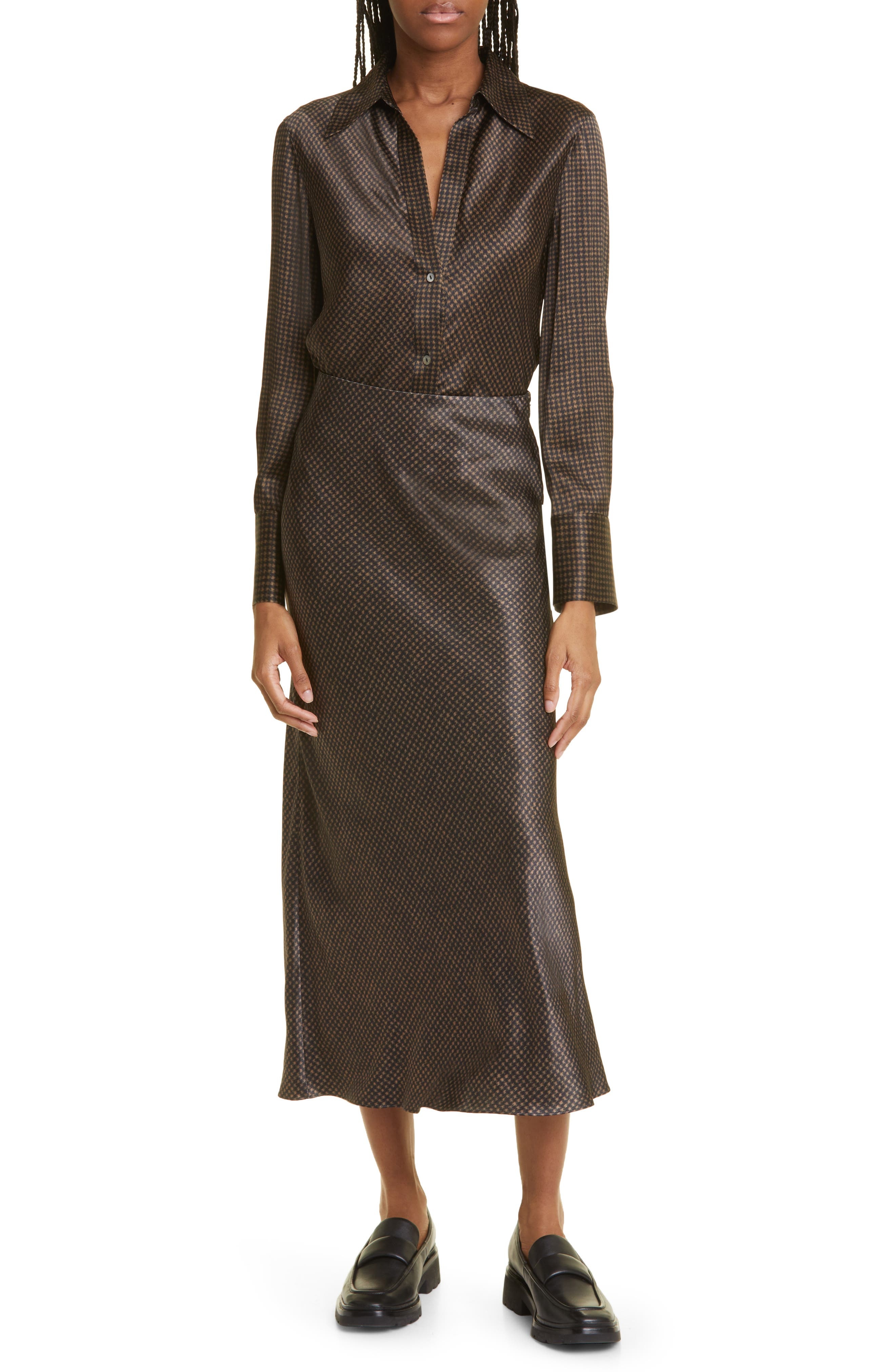 Vince Brushed Houndstooth Check Satin Slip Skirt in Black/Camel at Nordstrom, Size 0 - 2