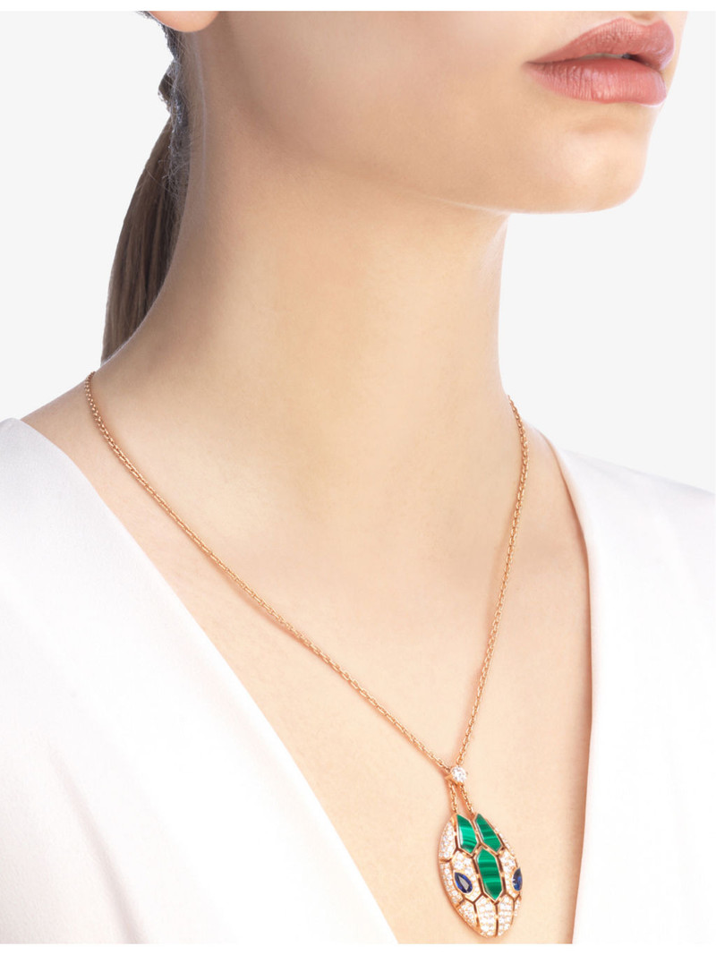 BVLGARI Serpenti 18ct rose-gold, 1.34ct diamond, sapphire and malachite pendant necklace outlook