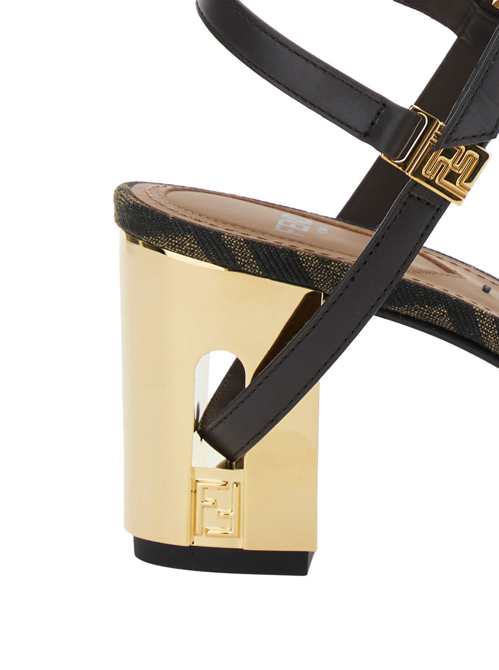 Fendi Women 'Delfina' Brown Sandals With All-Over Ff Motif And Block Heel In Leather And Fabric Woma - 4