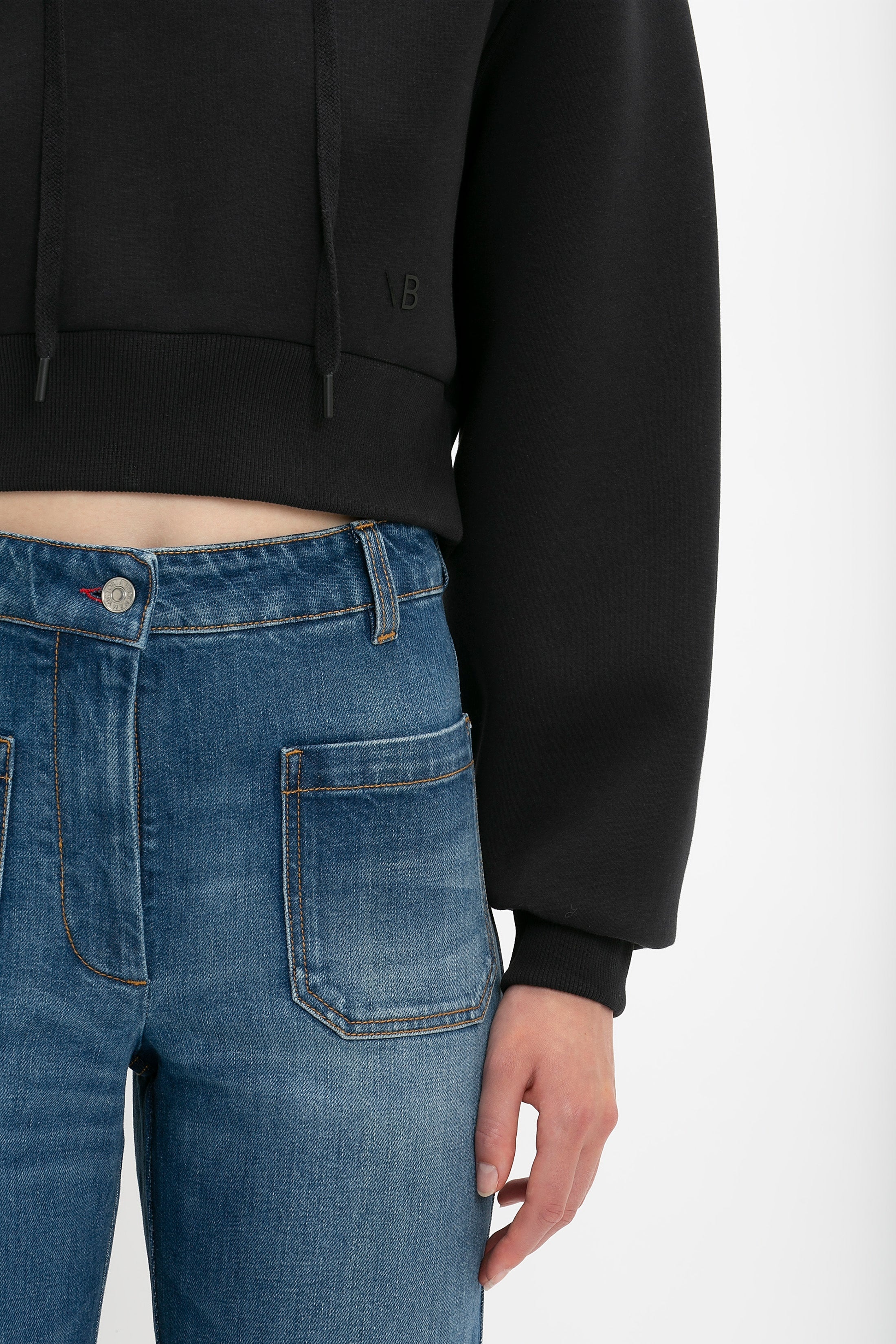 Cropped Neoprene Hoodie In Black - 6