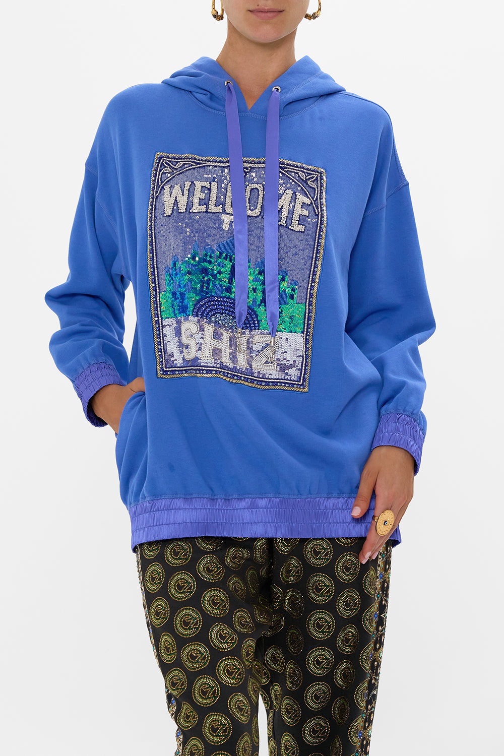 SILK BAND OVERSIZED HOODIE WITH POCKETS- BLUE - 5