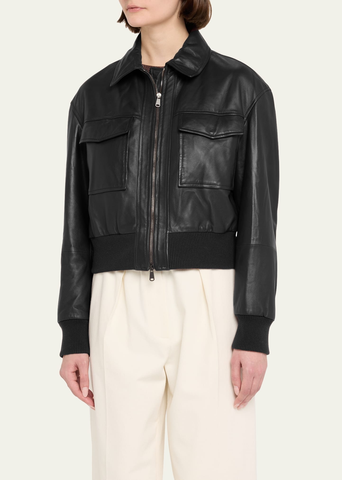 Monili-Neck Smooth Glove Leather Bomber Jacket - 4