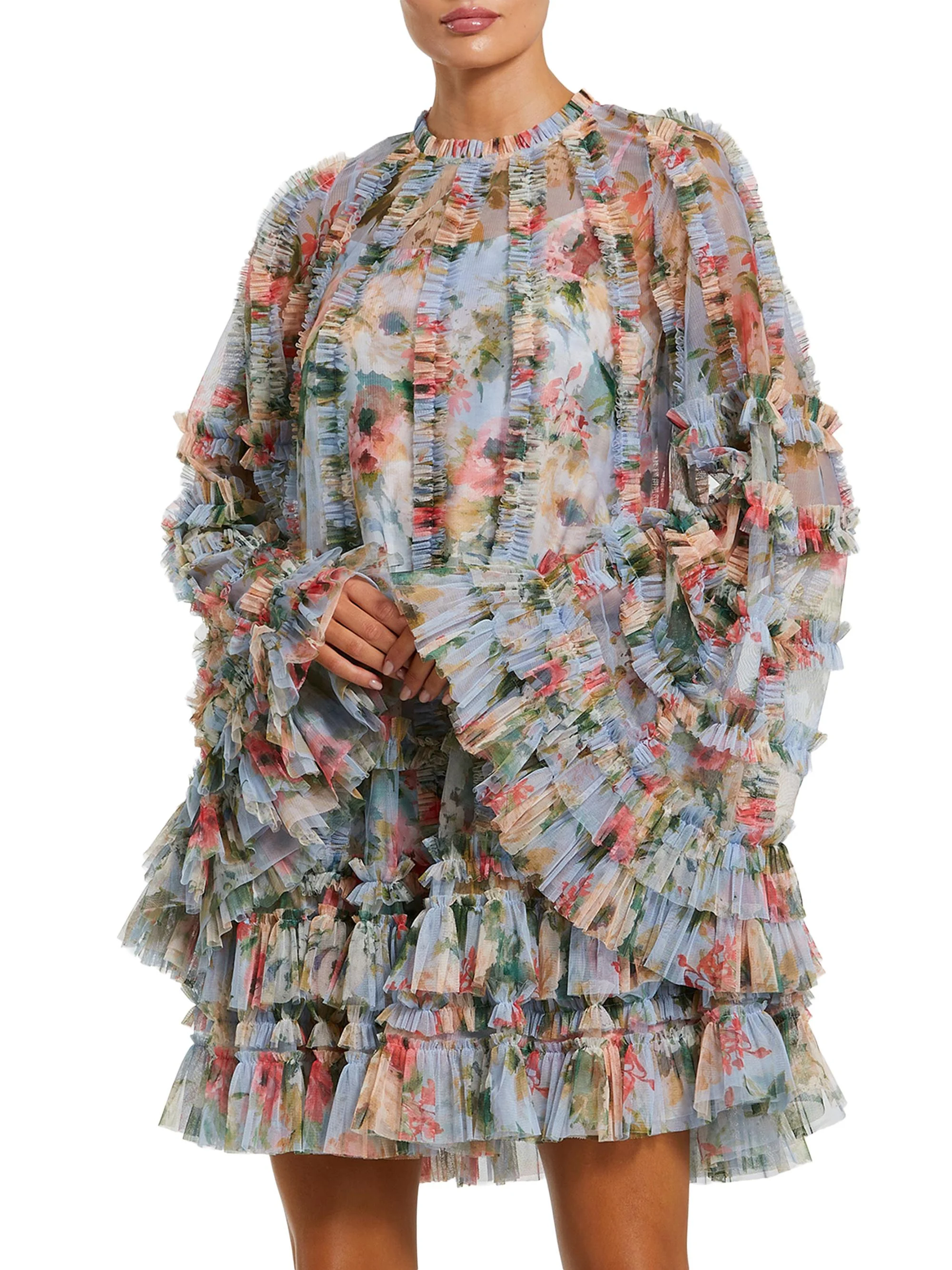 Women's Cocktail Ruffled Floral Tent Dress - Blue Multi - 1