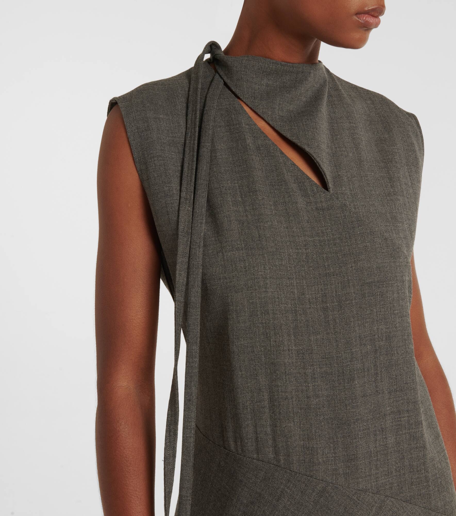 Tie-neck virgin wool canvas midi dress - 6