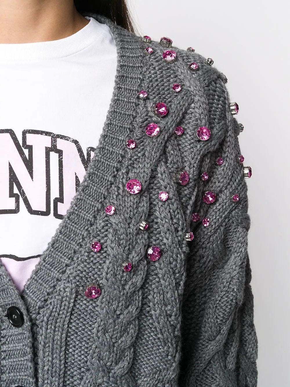 jewel-embellished cable knit cardigan - 5