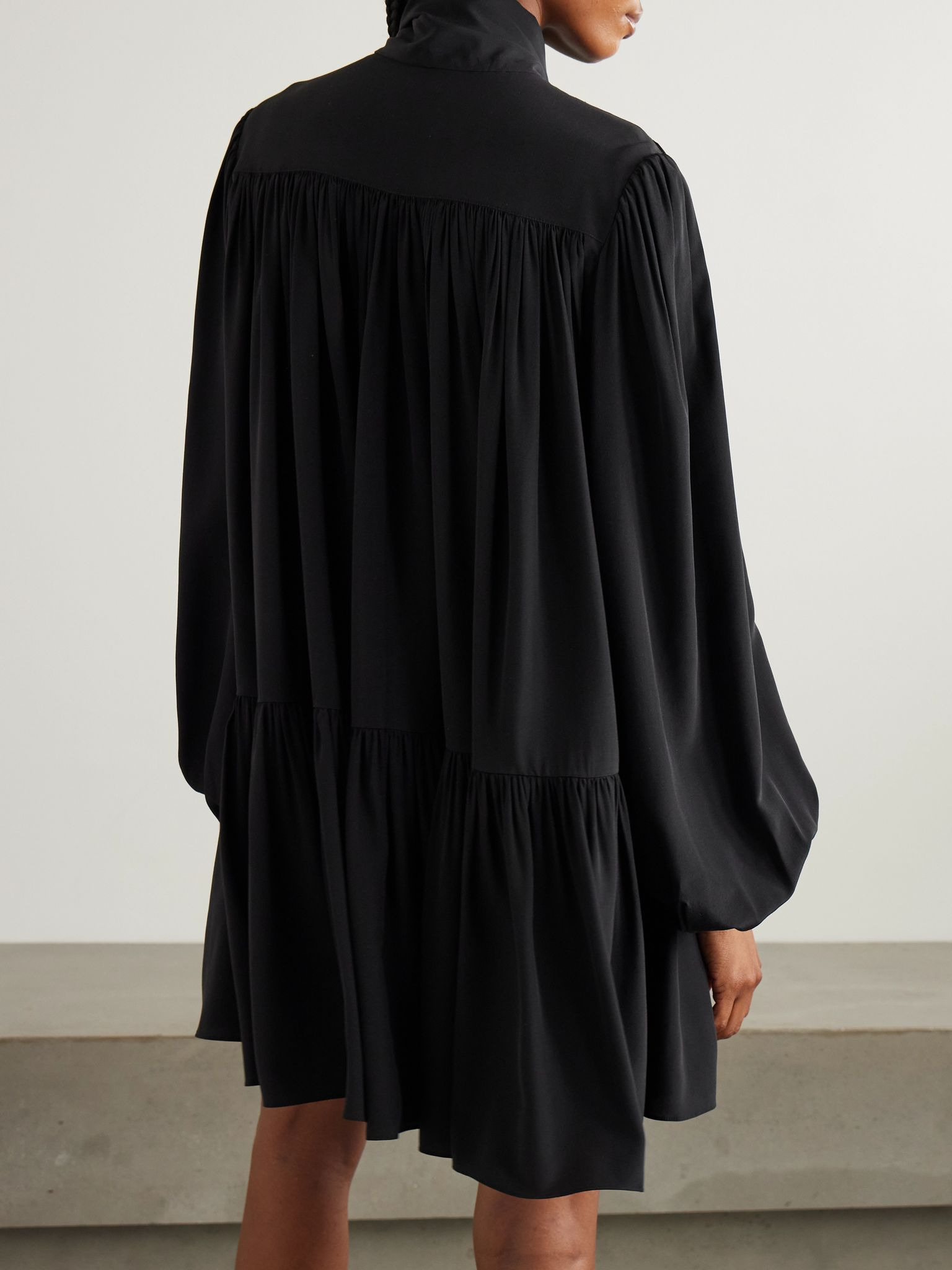 Pussy-bow gathered silk crepe de chine mini dress Black - 3