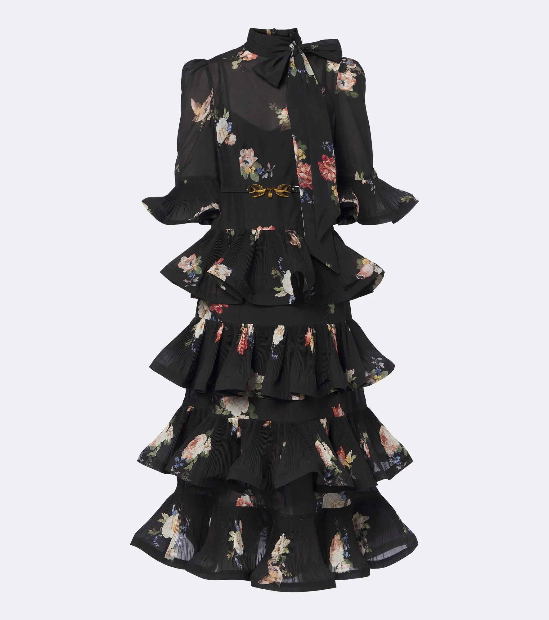 Pleated ruffled floral midi dress - 1