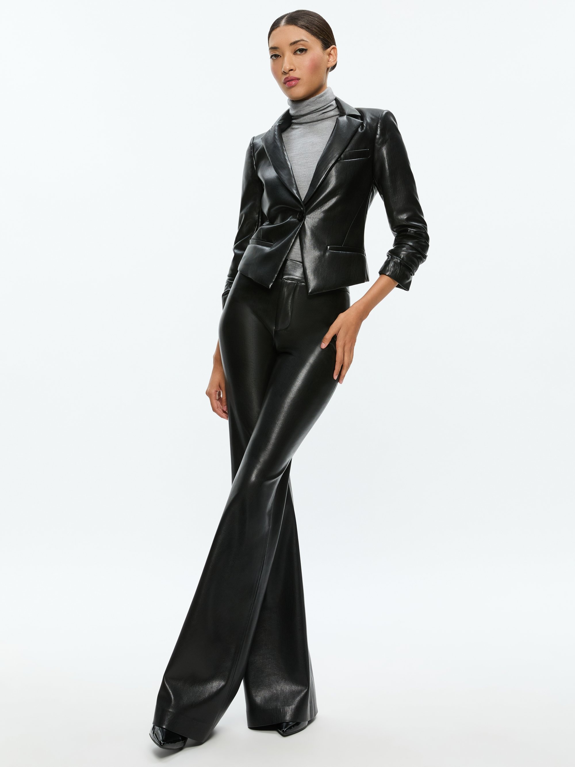 VINNIE RUCHED SLEEVE VEGAN LEATHER FITTED BLAZER - 6