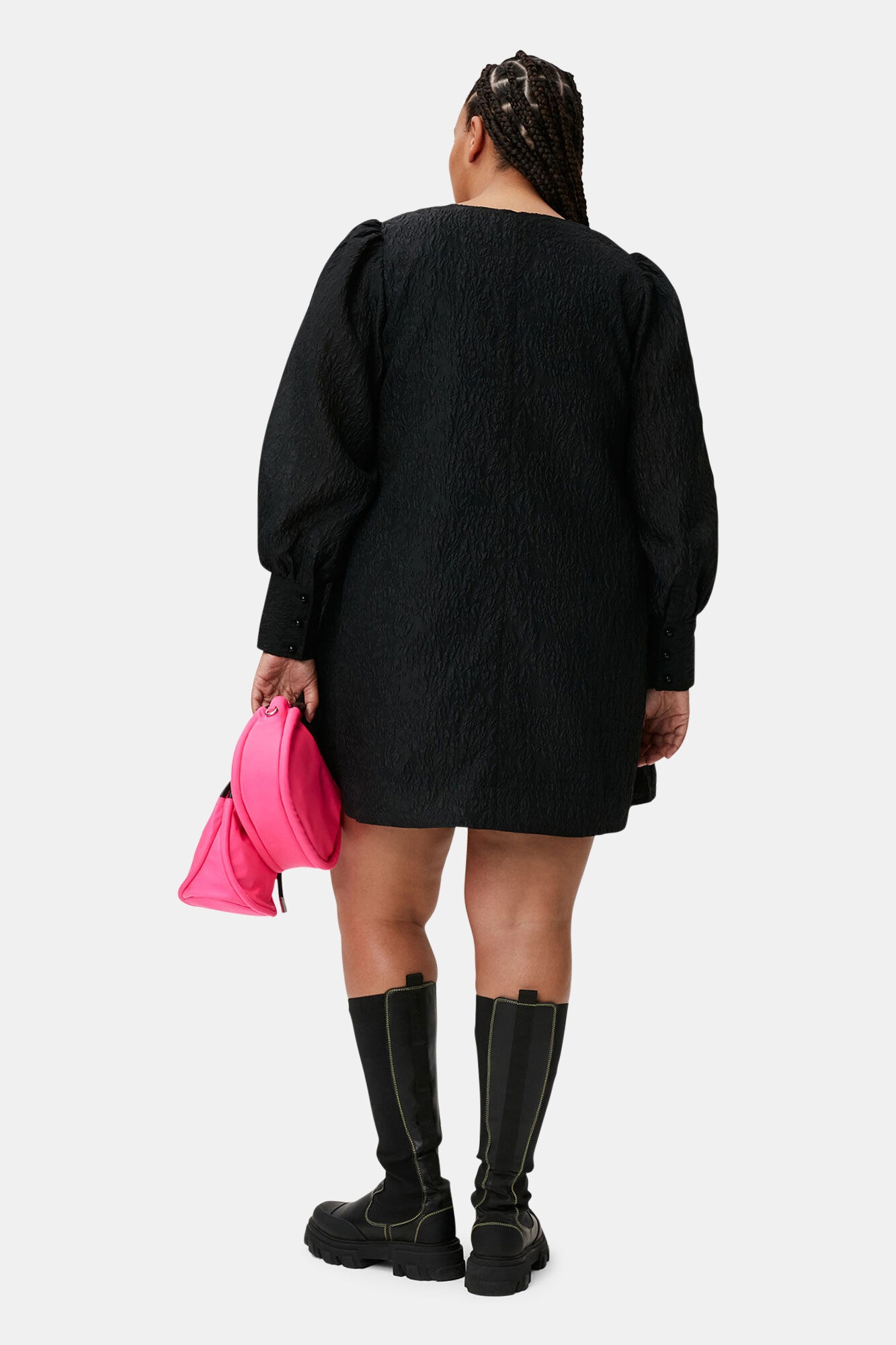 BLACK JACQUARD ORGANZA MINI DRESS - 5