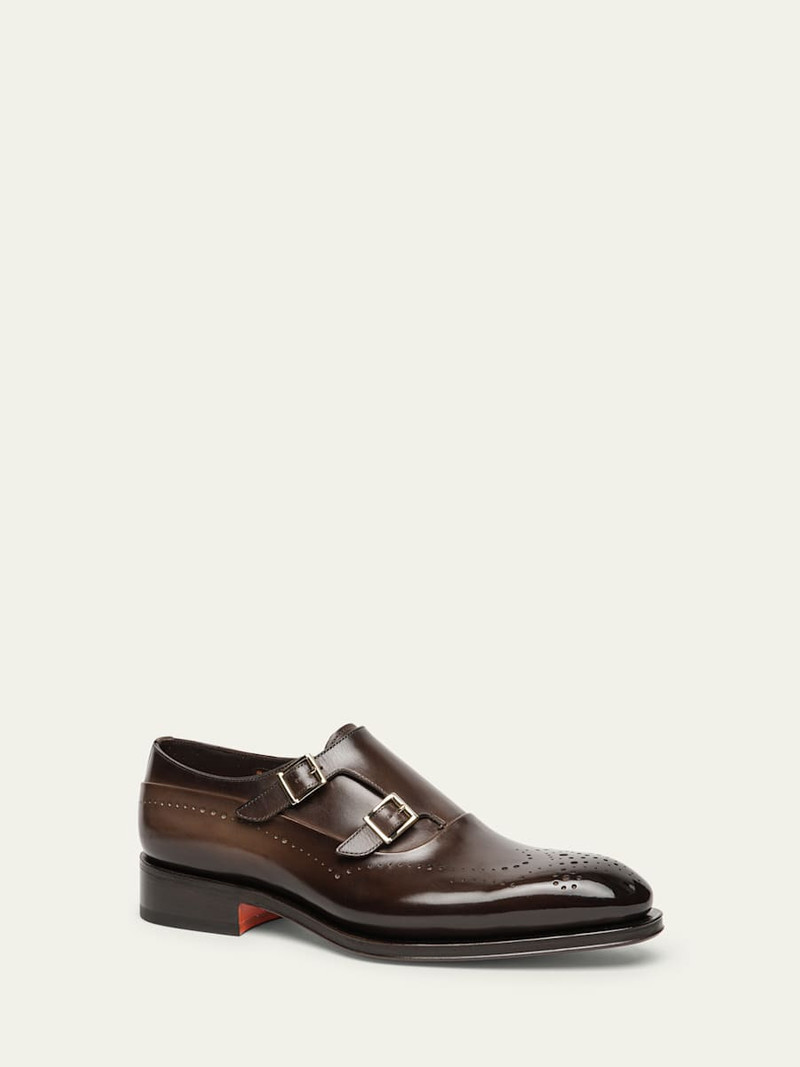 Santoni Men's Kaj Brogue Leather Double-Buckle Monk Strap Loafers outlook