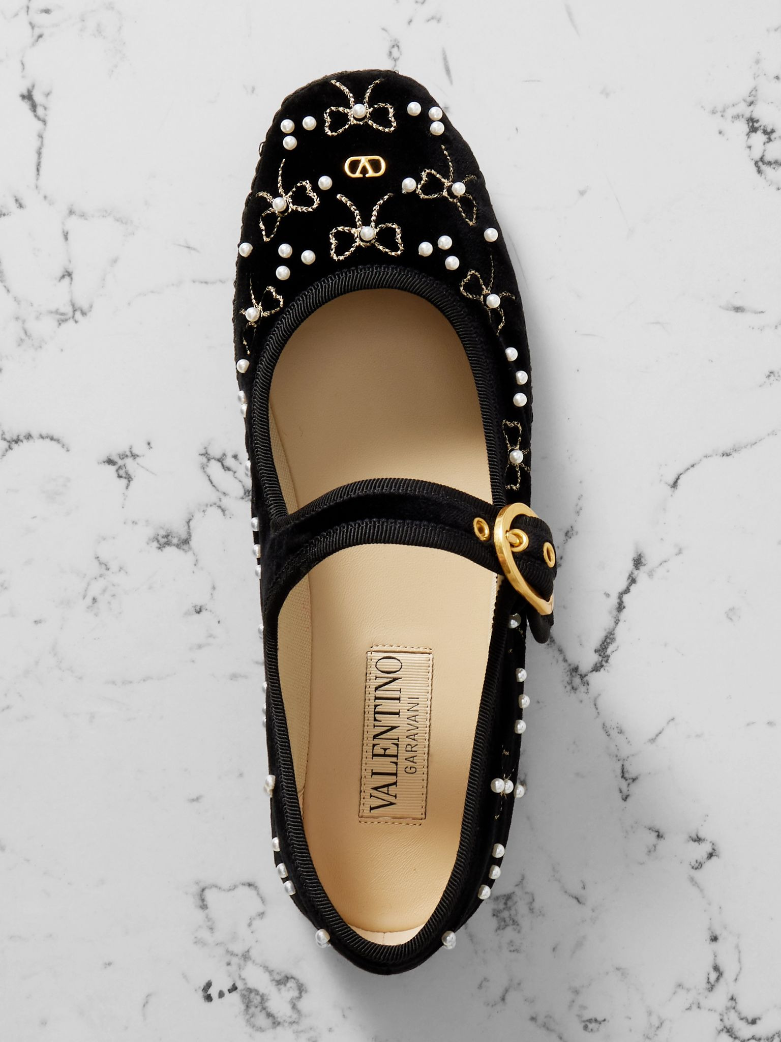 Endouce embellished grosgrain-trimmed velvet Mary Jane ballet flats Black - 5