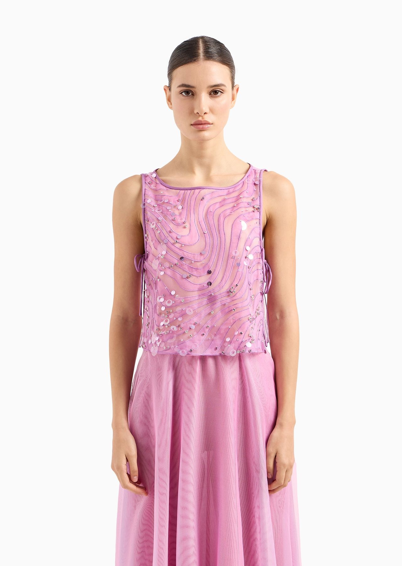 Silk organza top with embroidery and sequins in a sand dune motif - 2