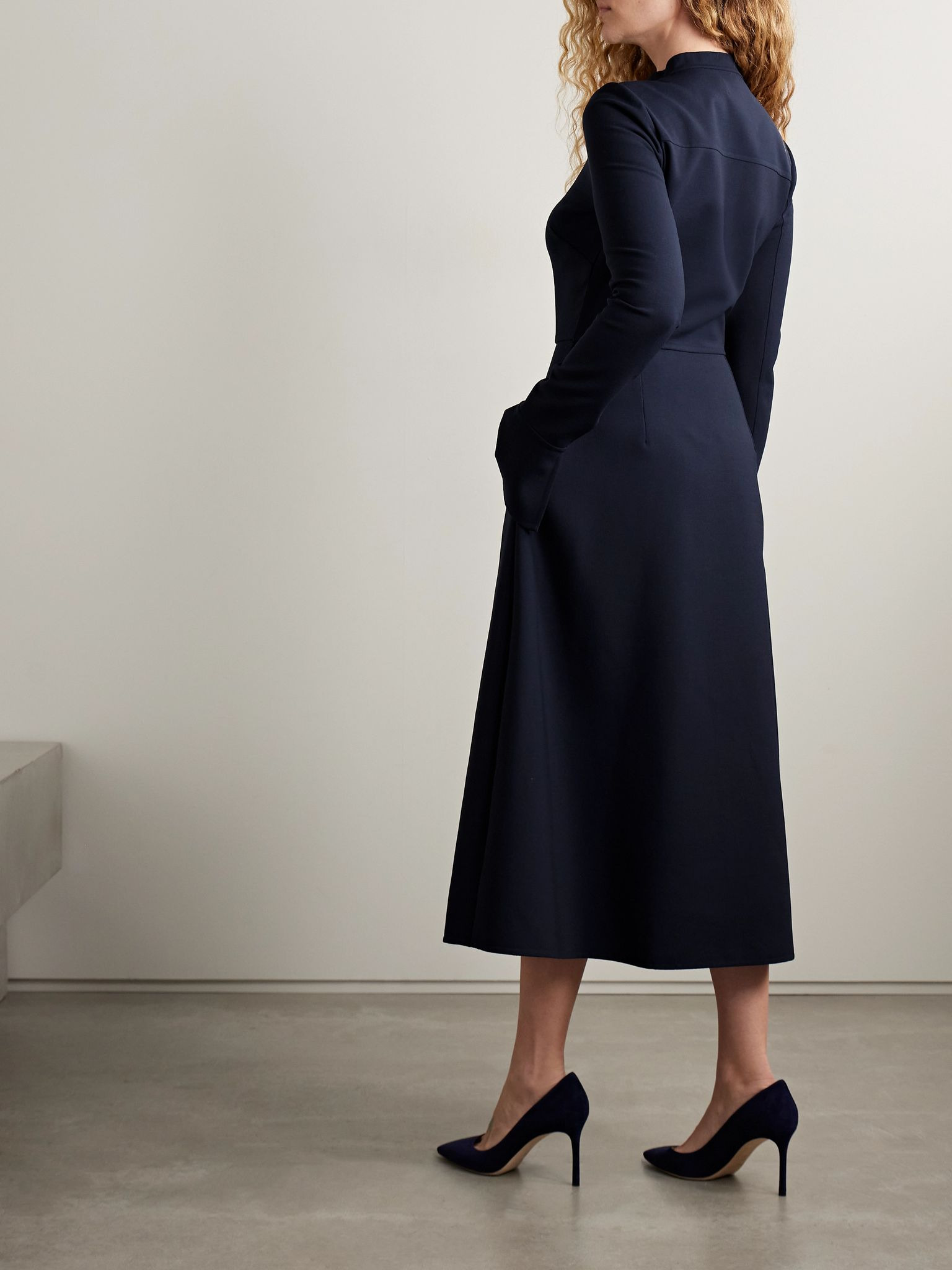 Belted wool-blend midi dress Navy - 3