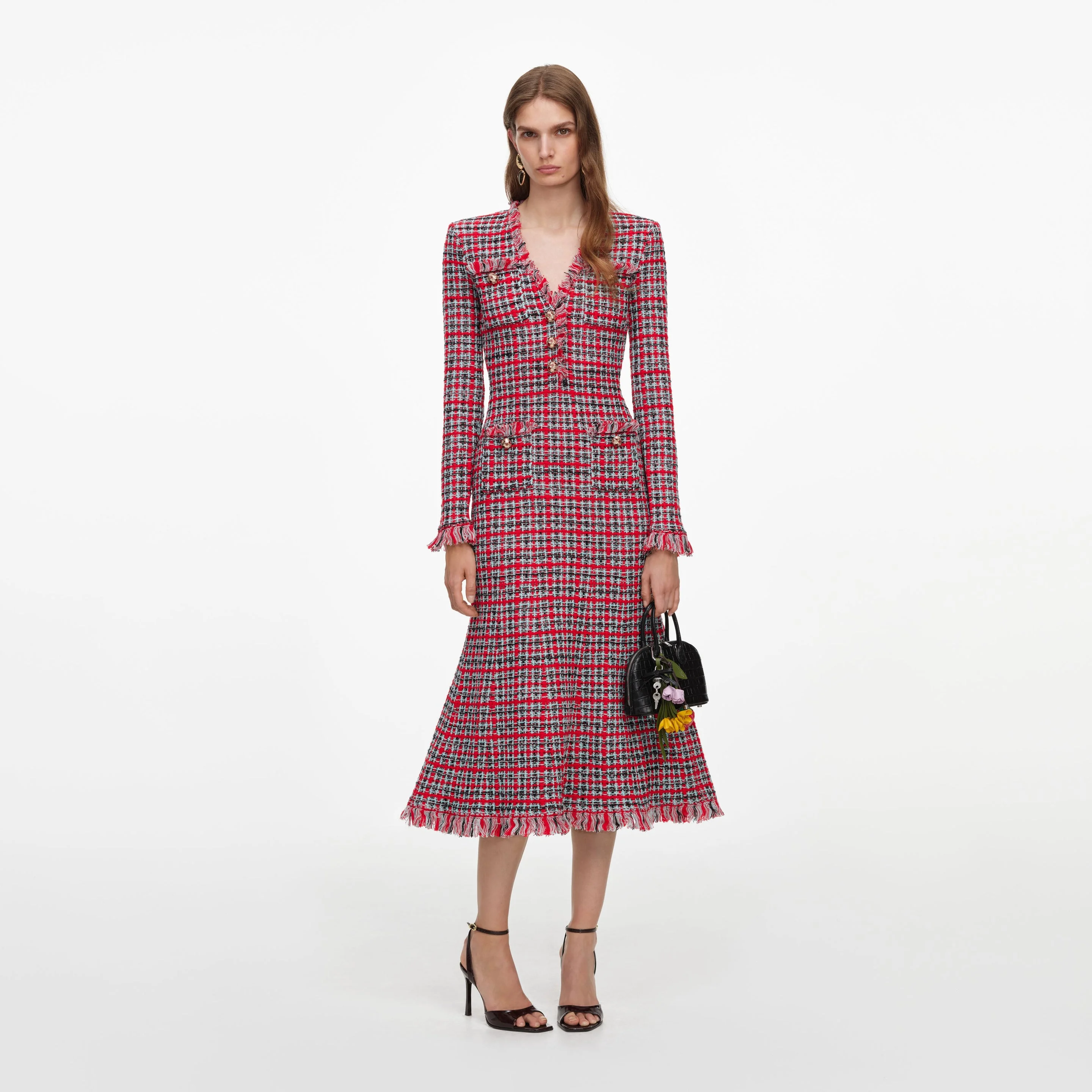 Red Check Frayed Knit Midi Dress - 1