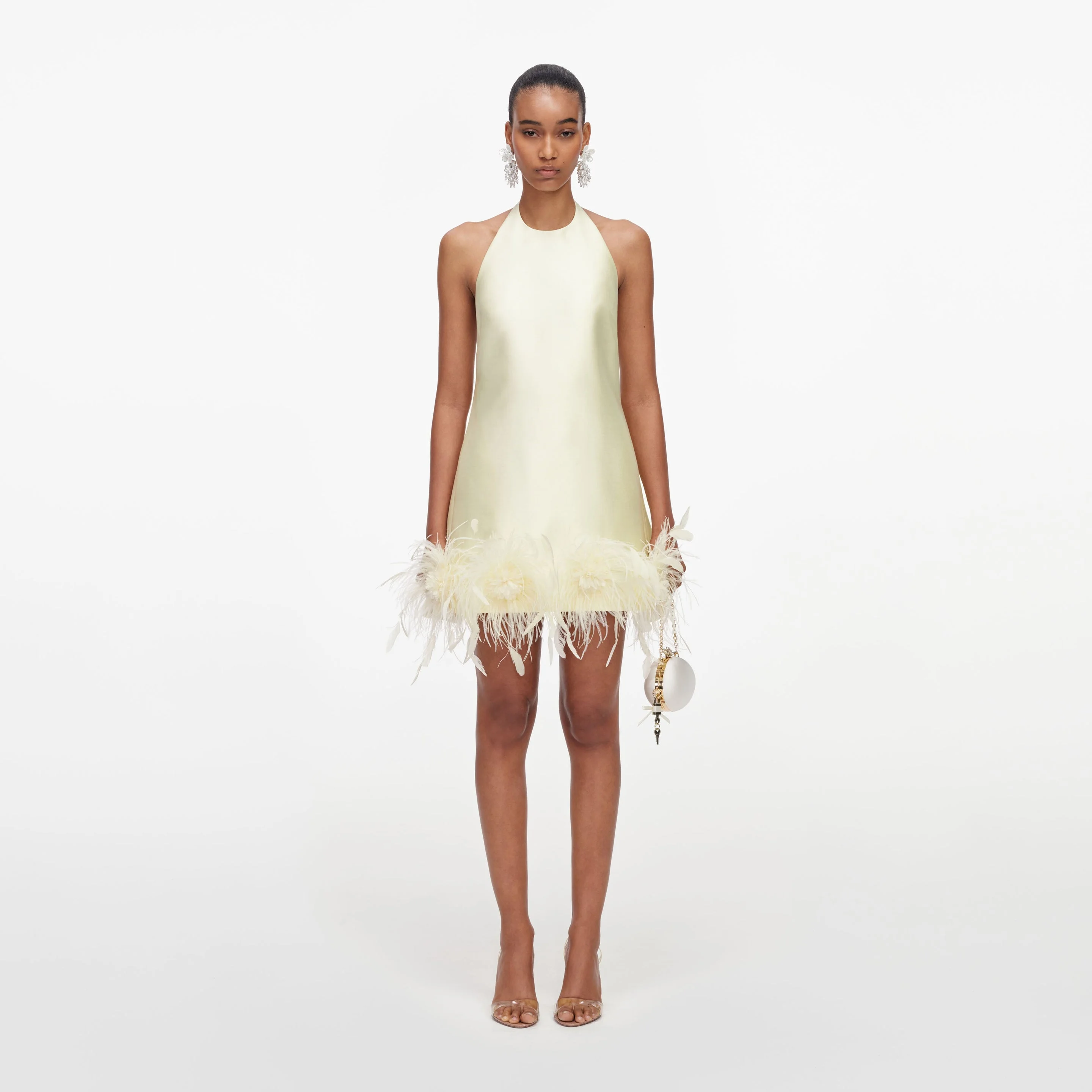 Yellow Taffeta Feather Trim Mini Dress - 1