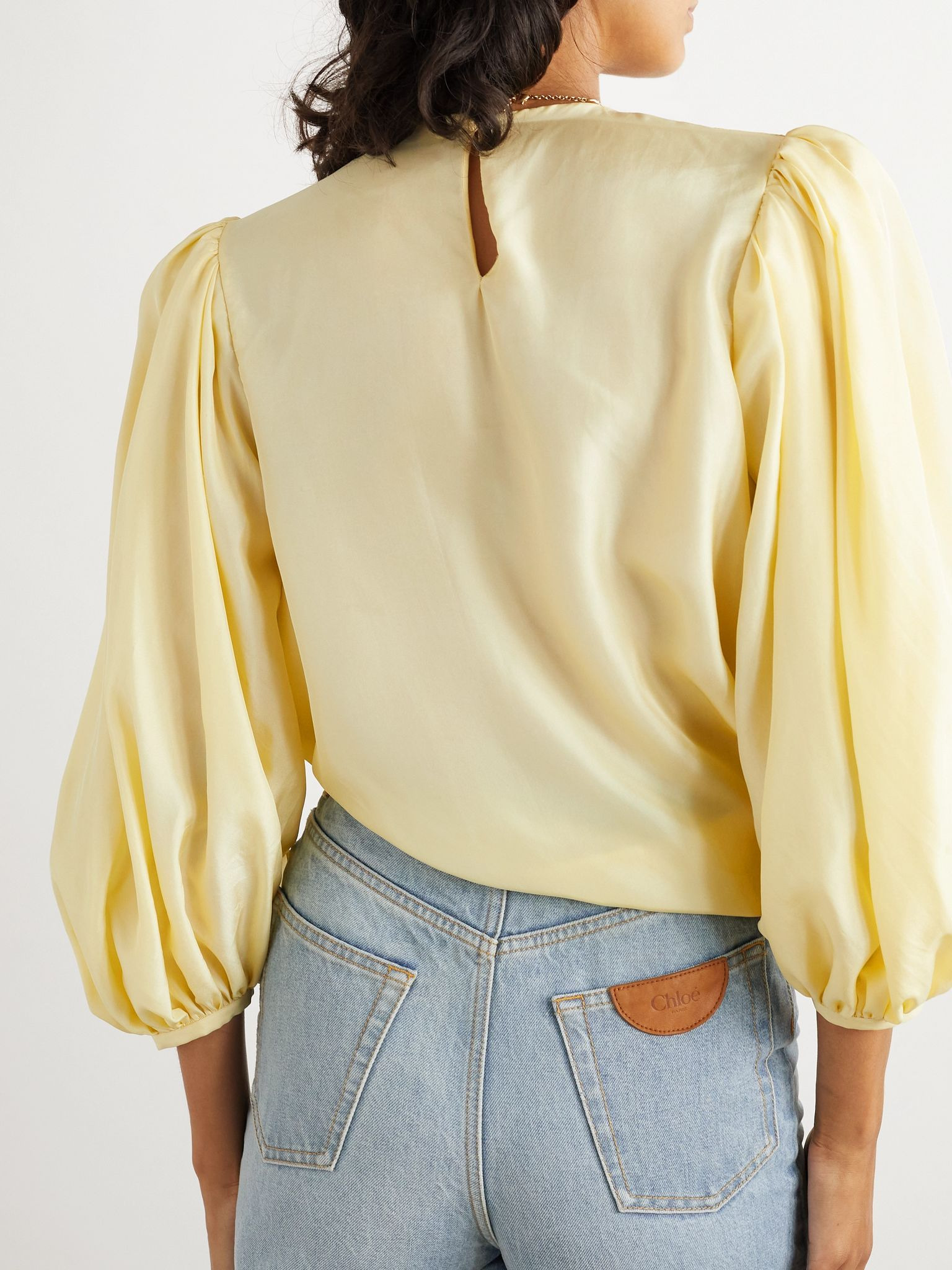 Draped wrap-effect cropped silk-satin blouse Yellow - 3