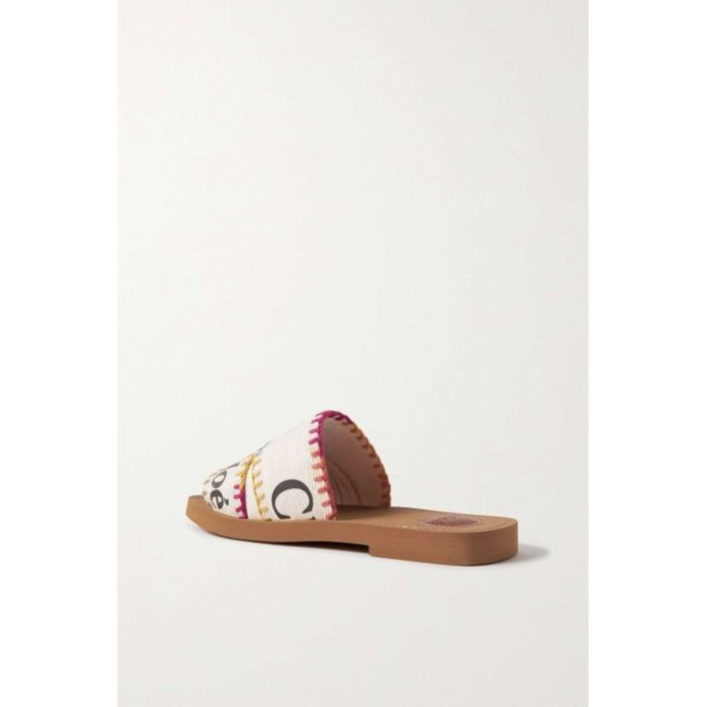 Chloe Women White Woody Embroidered Logo-Print Canvas Slides Sandals - 4