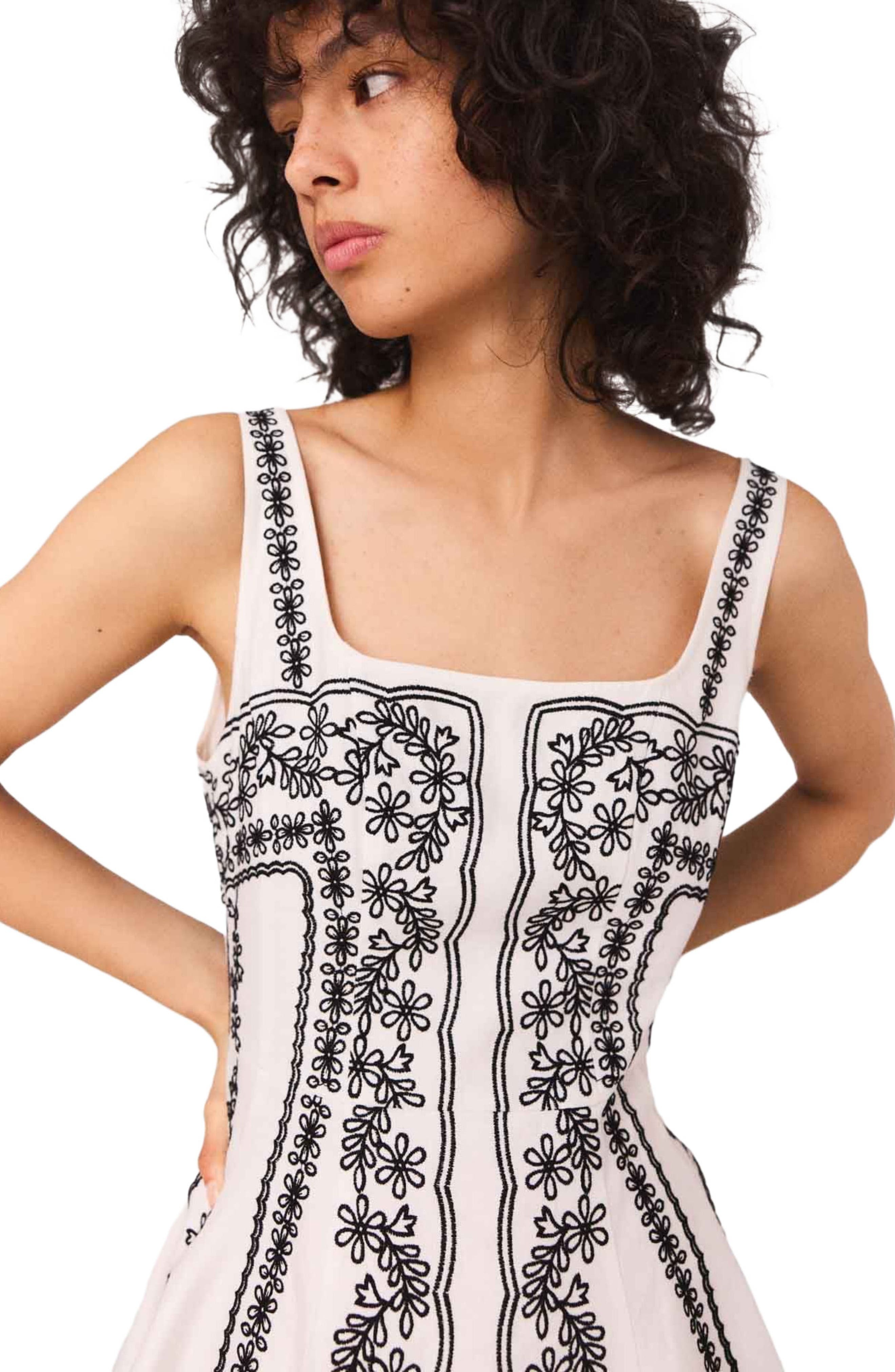 maje Mini embroidered strap dress in Ecru /Black at Nordstrom - 7