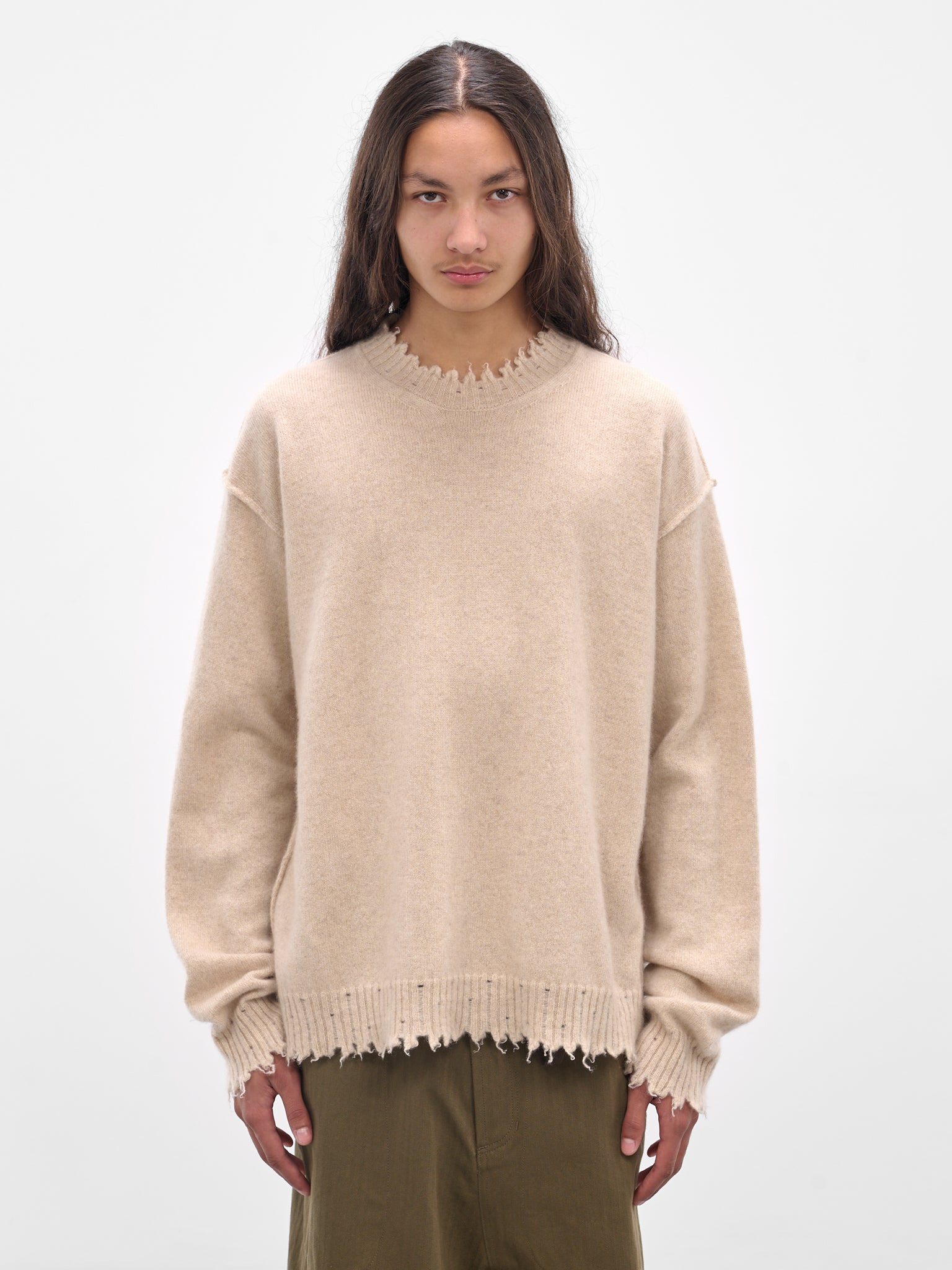 Beige Cashmere Distressed Crewneck Sweater - 1