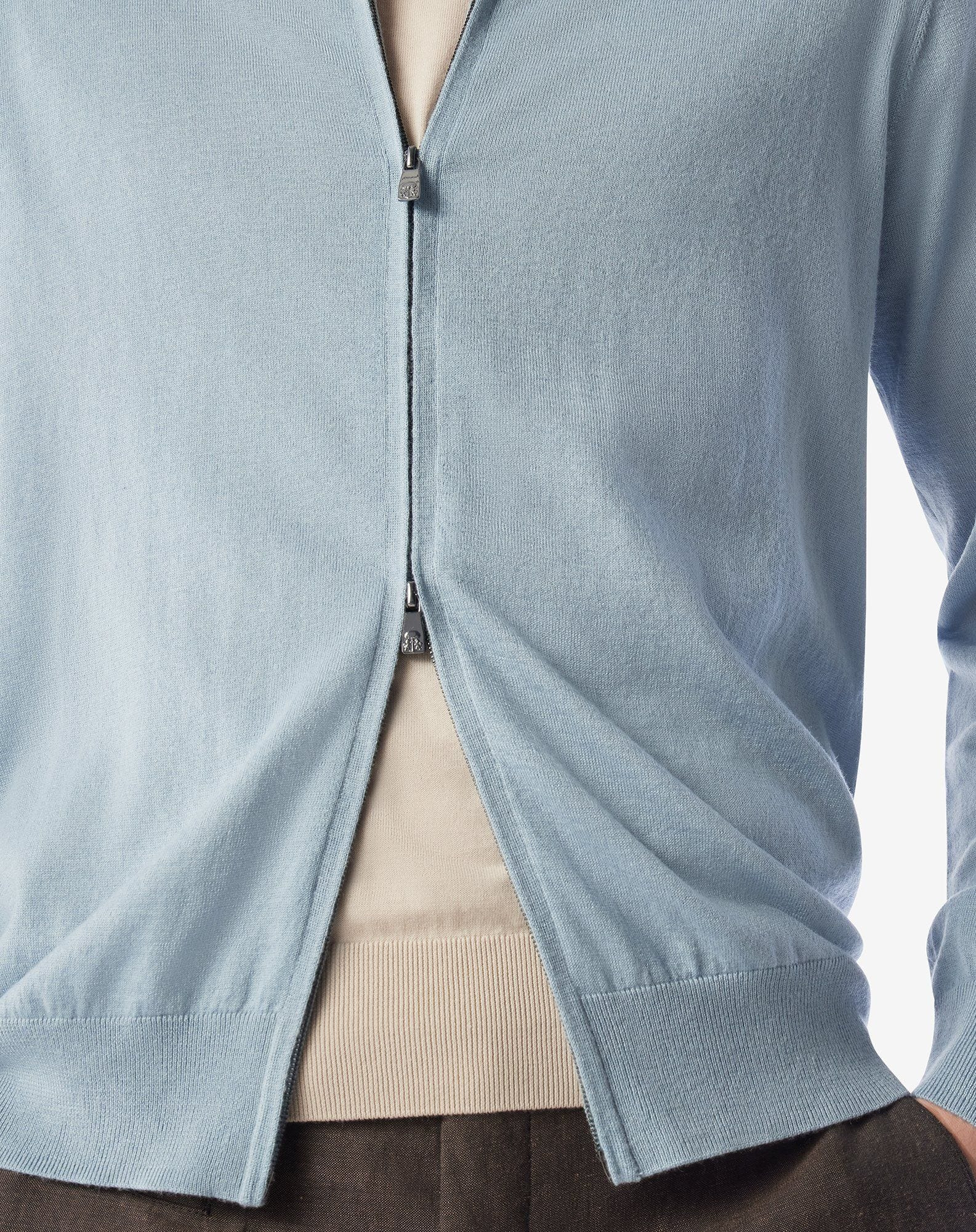 Light blue silk and cashmere full zip knitwear - 5