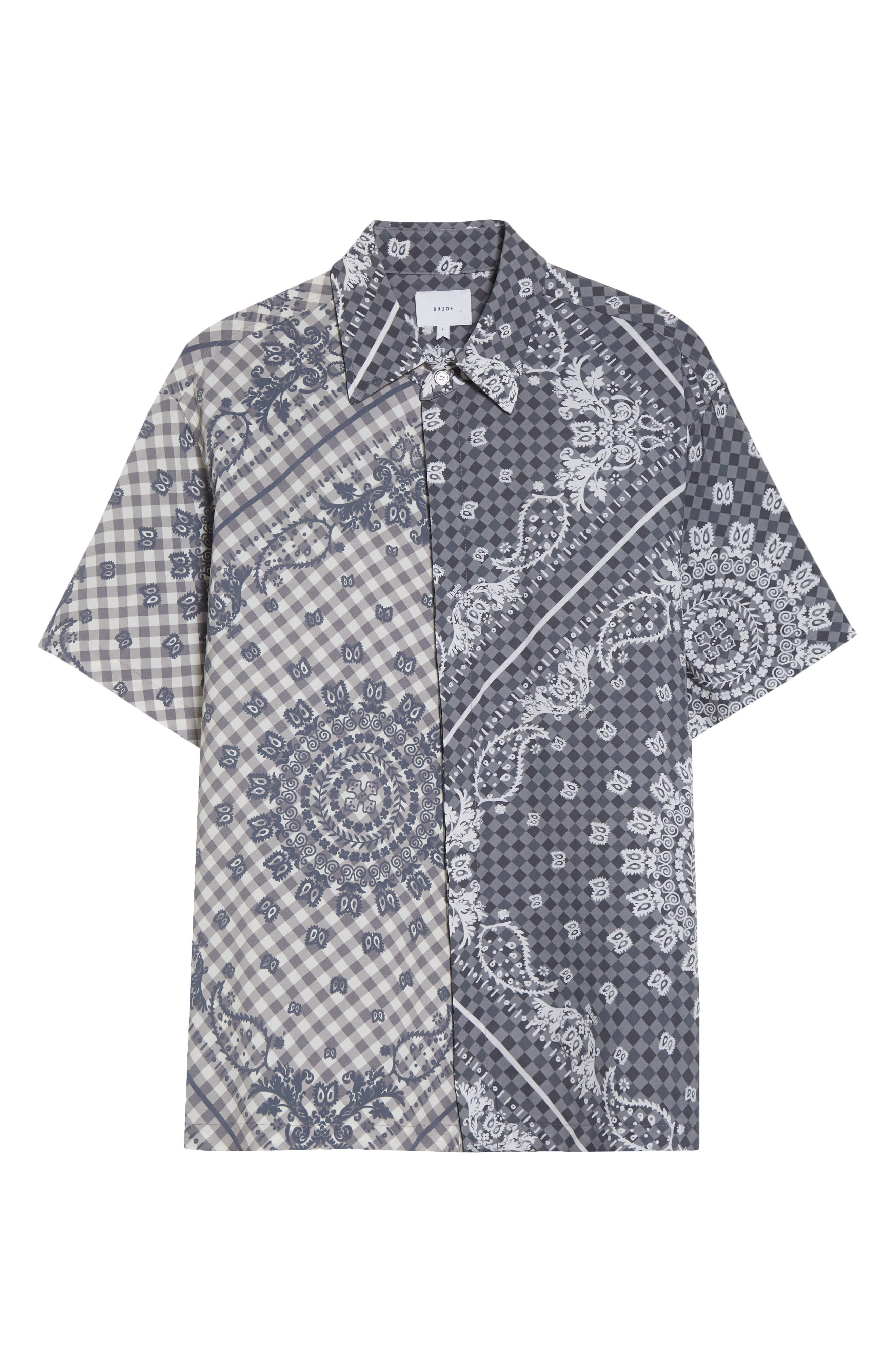 Rhude Split Gingham & Bandana Print Short Sleeve Button-Up Shirt in Black /White 3028 at Nordstrom - 5