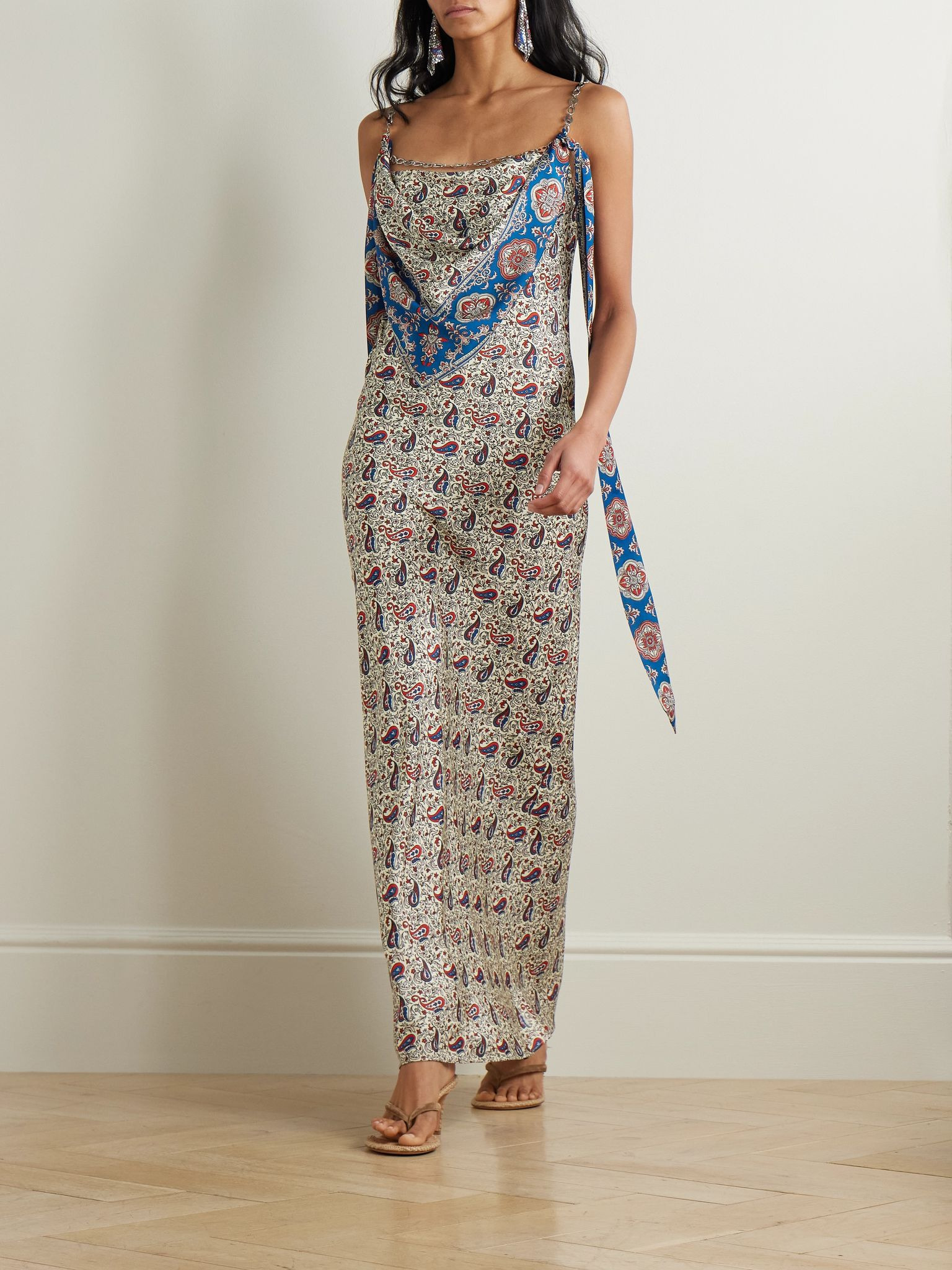 Chain-embellished paisley-print crepe maxi dress Cream - 2