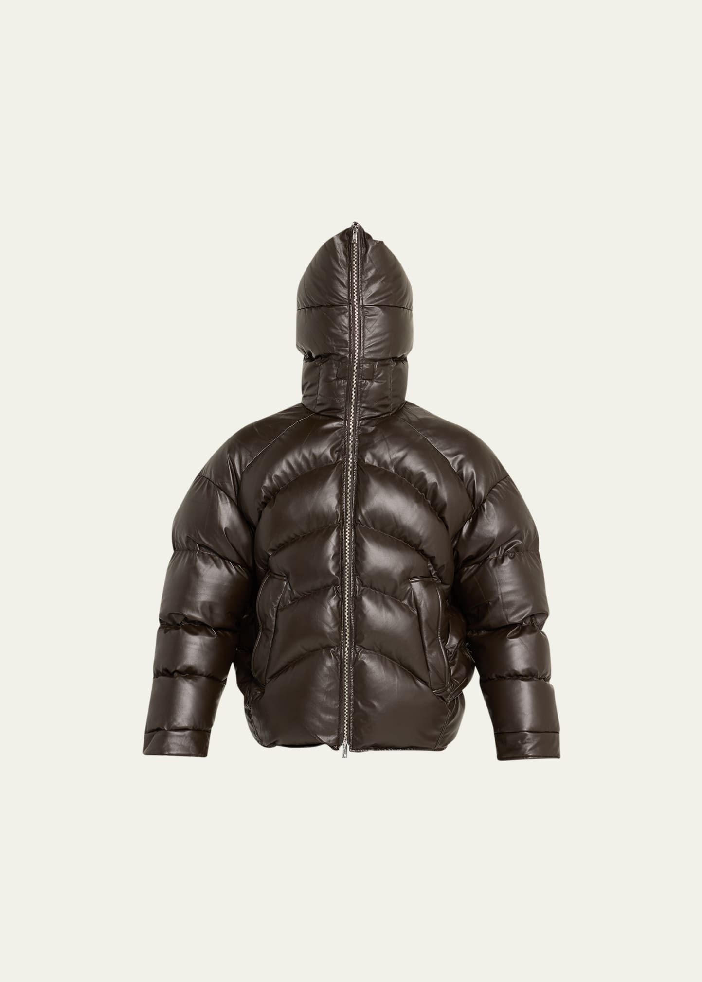 Men's Hooded Faux-Leather Puffer Jacket - 1