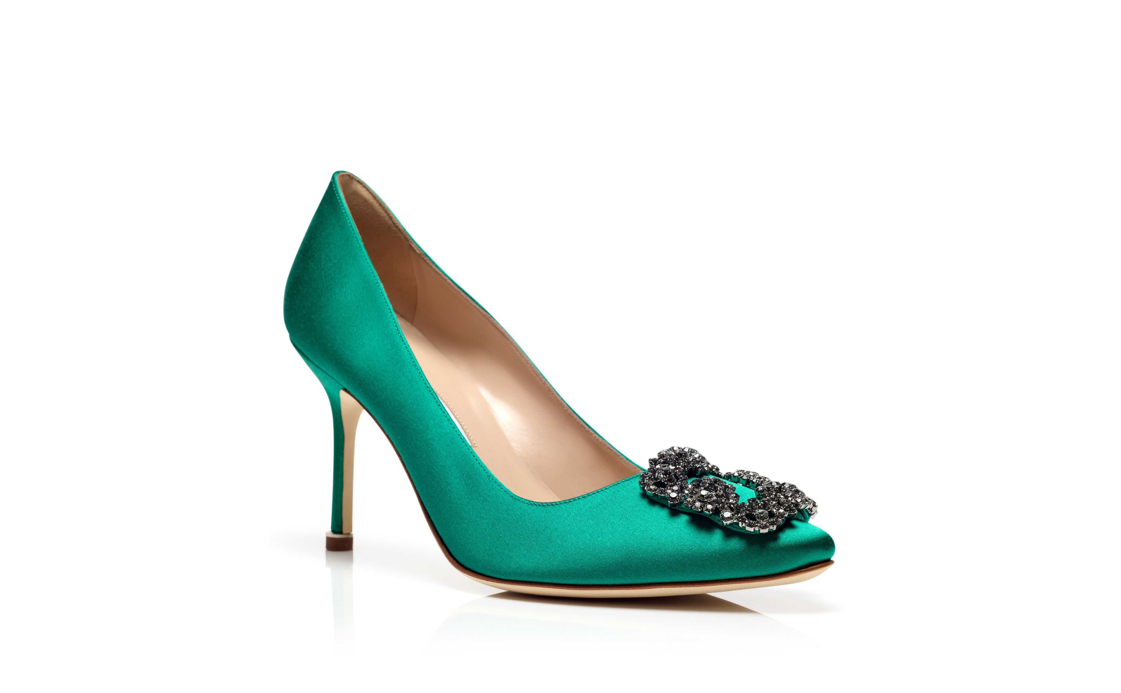 Green Satin Jewel Buckle Pumps - 3