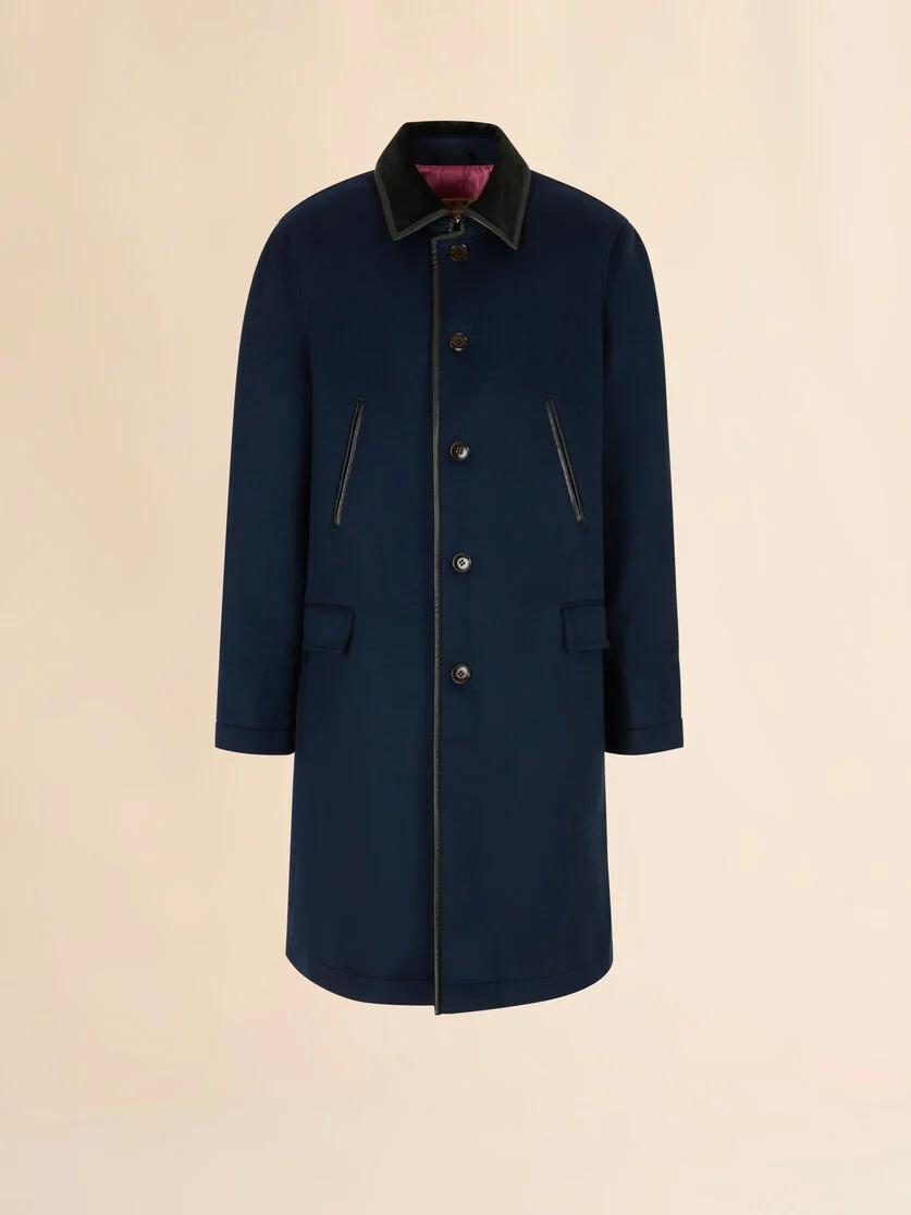 DEEP BLUE FELT DUSTER COAT WITH CONTRAST COLLAR - 1